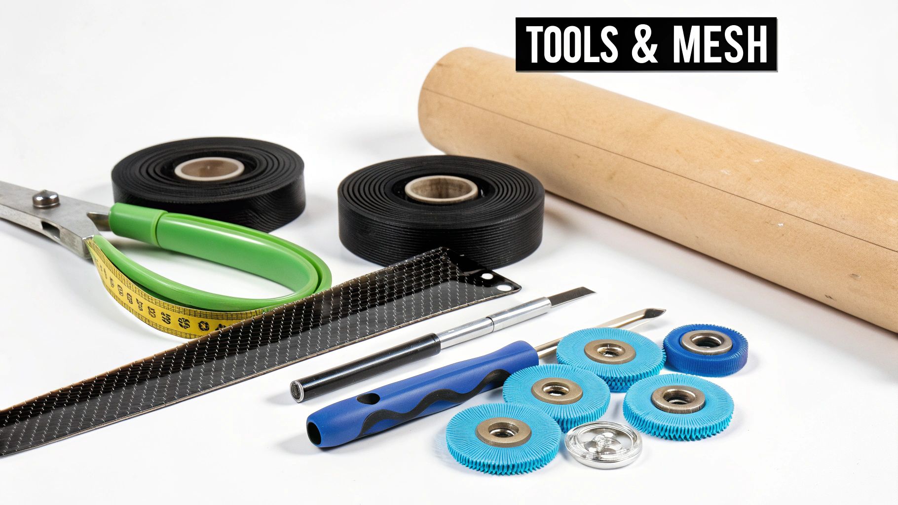 A collection of screen repair tools and mesh, including scissors, measuring tape, and spline rollers.