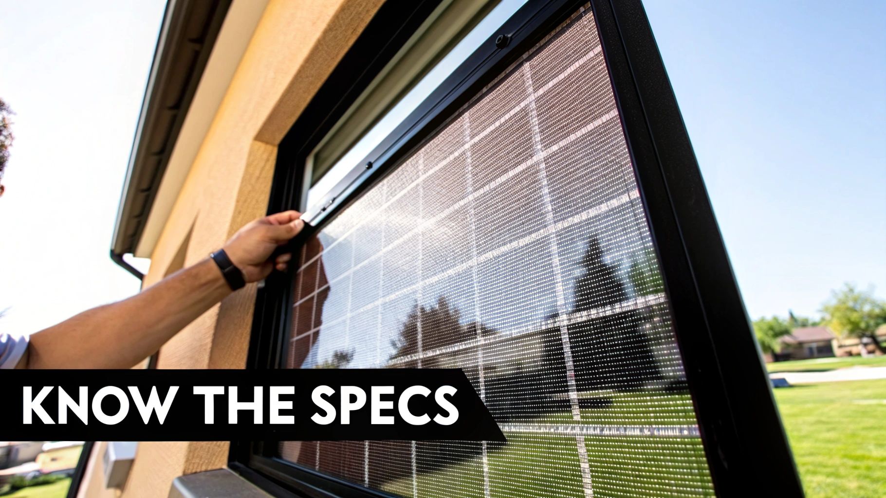A person's hand adjusts a patterned solar window screen on a house with a sunny sky background.