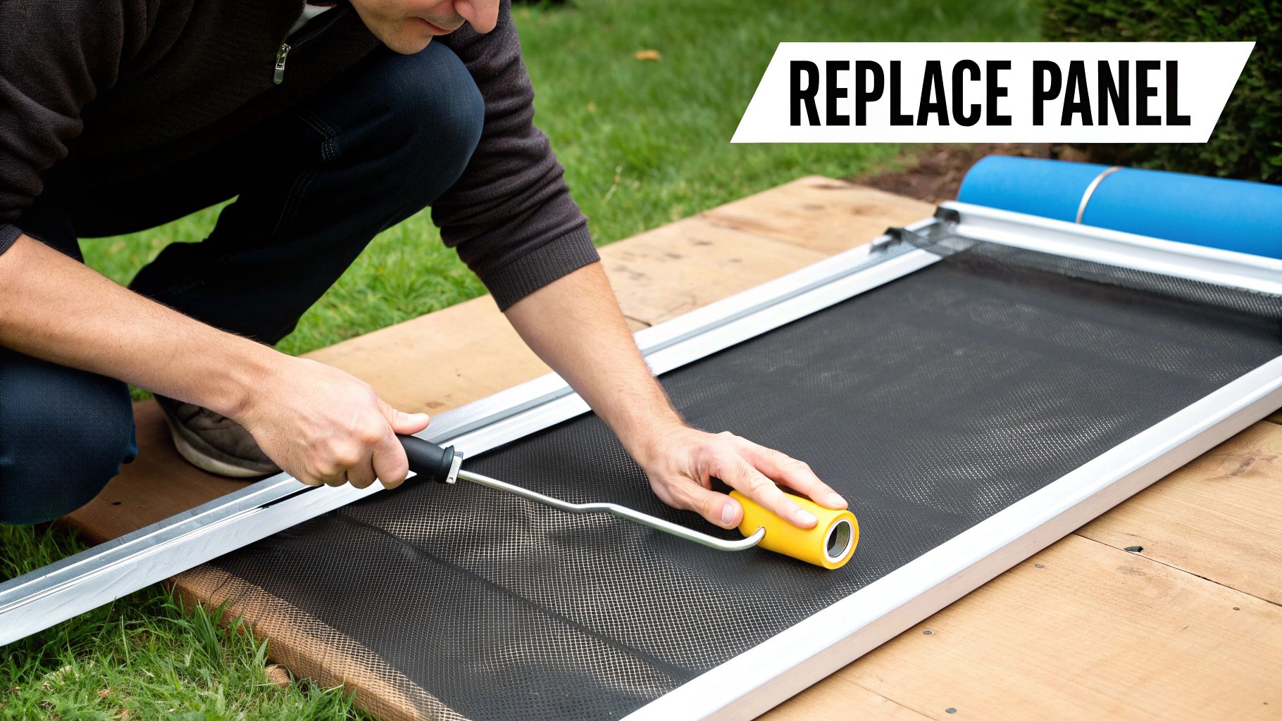 A person using a spline roller tool to install a new screen into an aluminum frame.