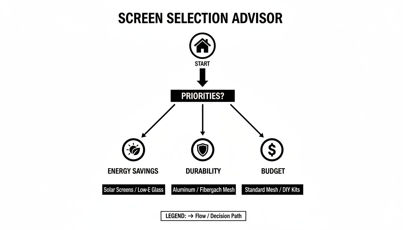 Flowchart guiding screen selection based on energy savings, durability, or budget, detailing material options.