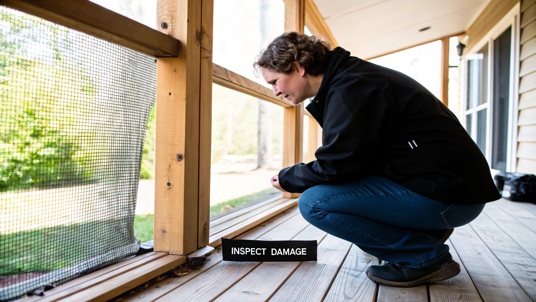 A person inspecting a screened-in porch for damage, checking the frame and screen mesh closely.