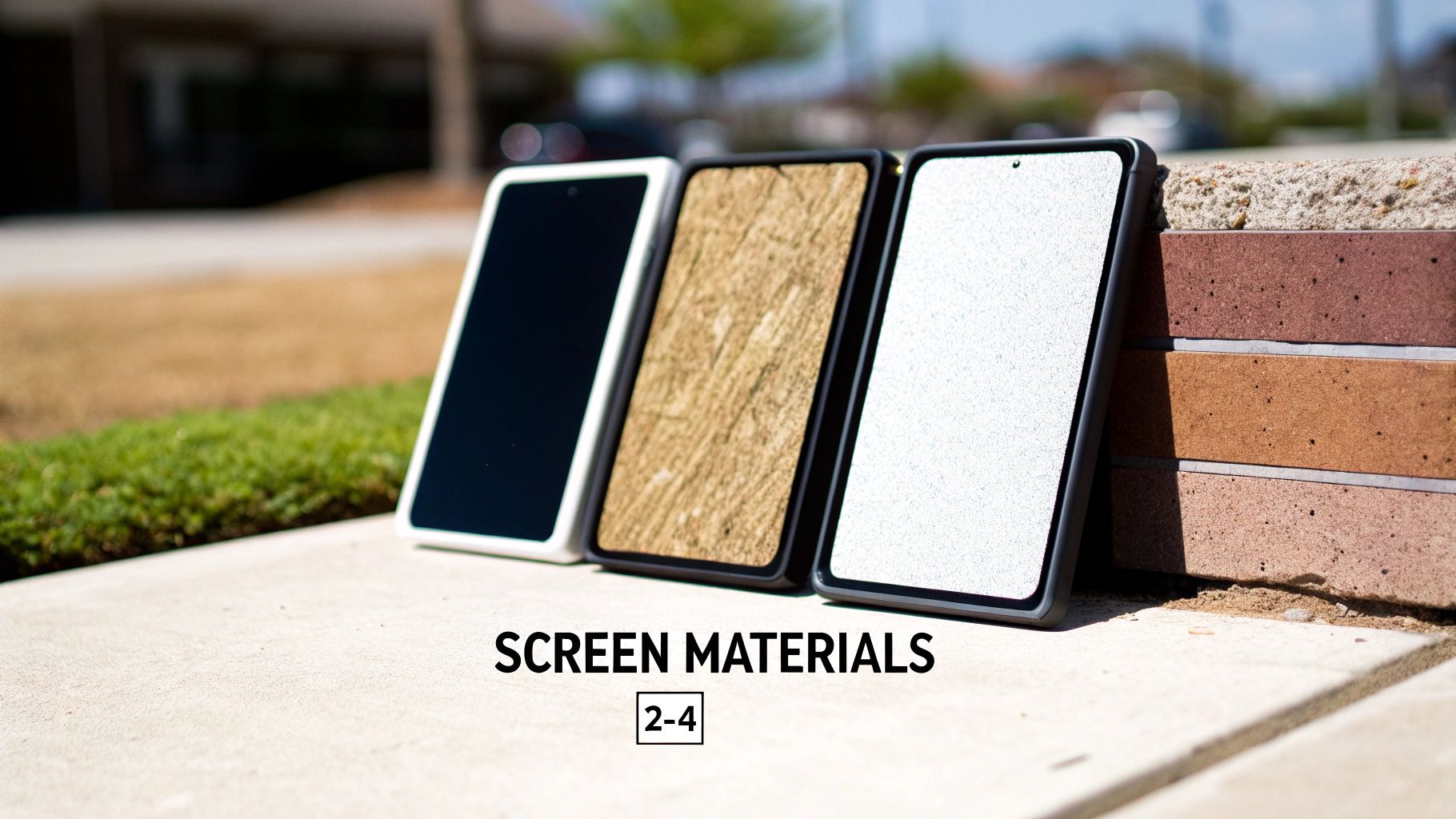Three devices displaying different screen materials stand on concrete, showcasing various texture options.
