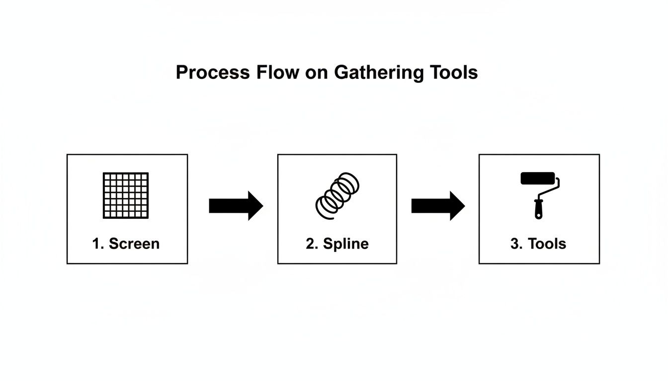 Process flow diagram illustrating steps for gathering tools: screen (grid), spline (coil), and tools (paint roller) with connecting arrows.