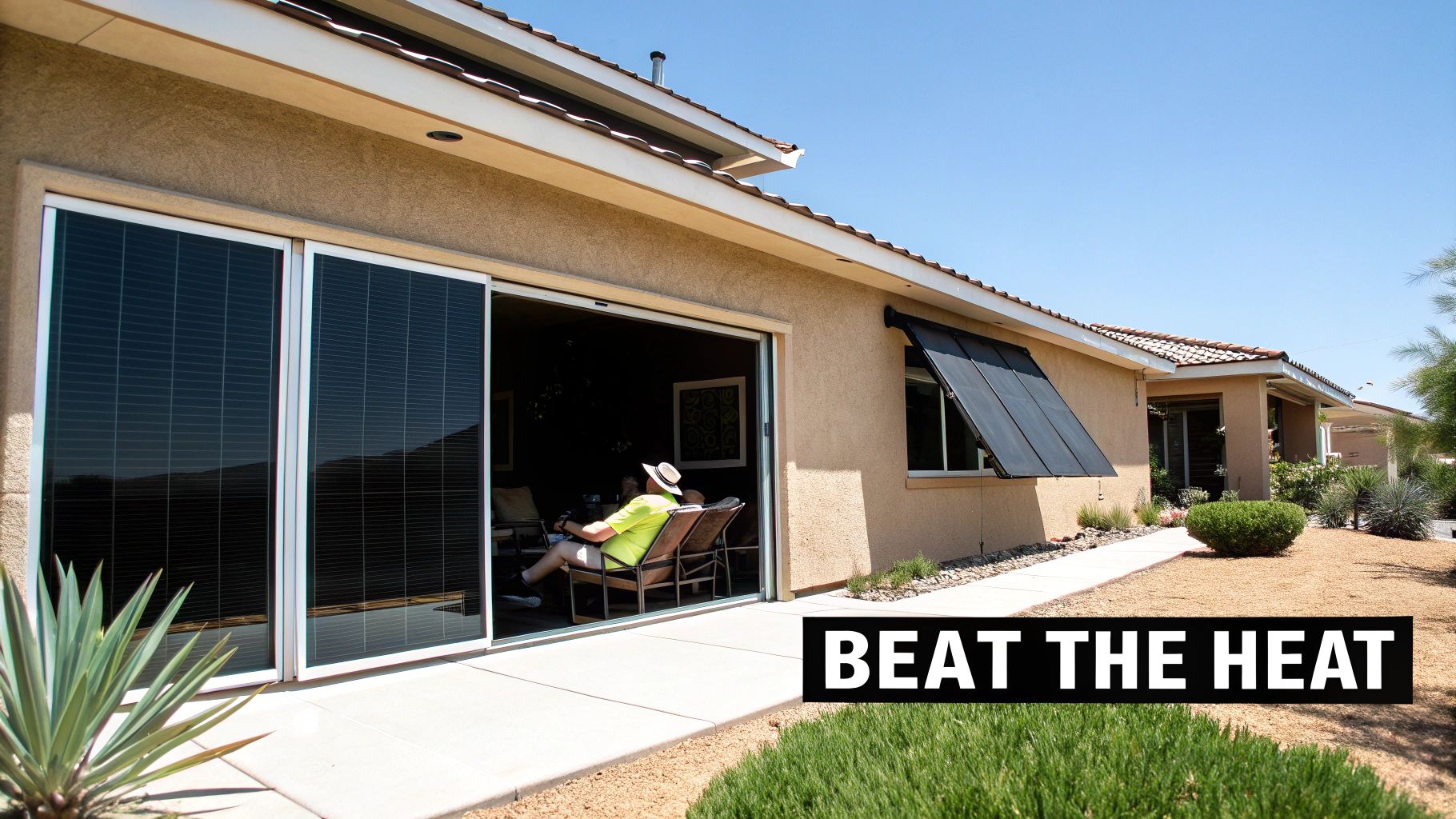 A house with a patio and a person sitting inside, featuring solar screens and an awning.