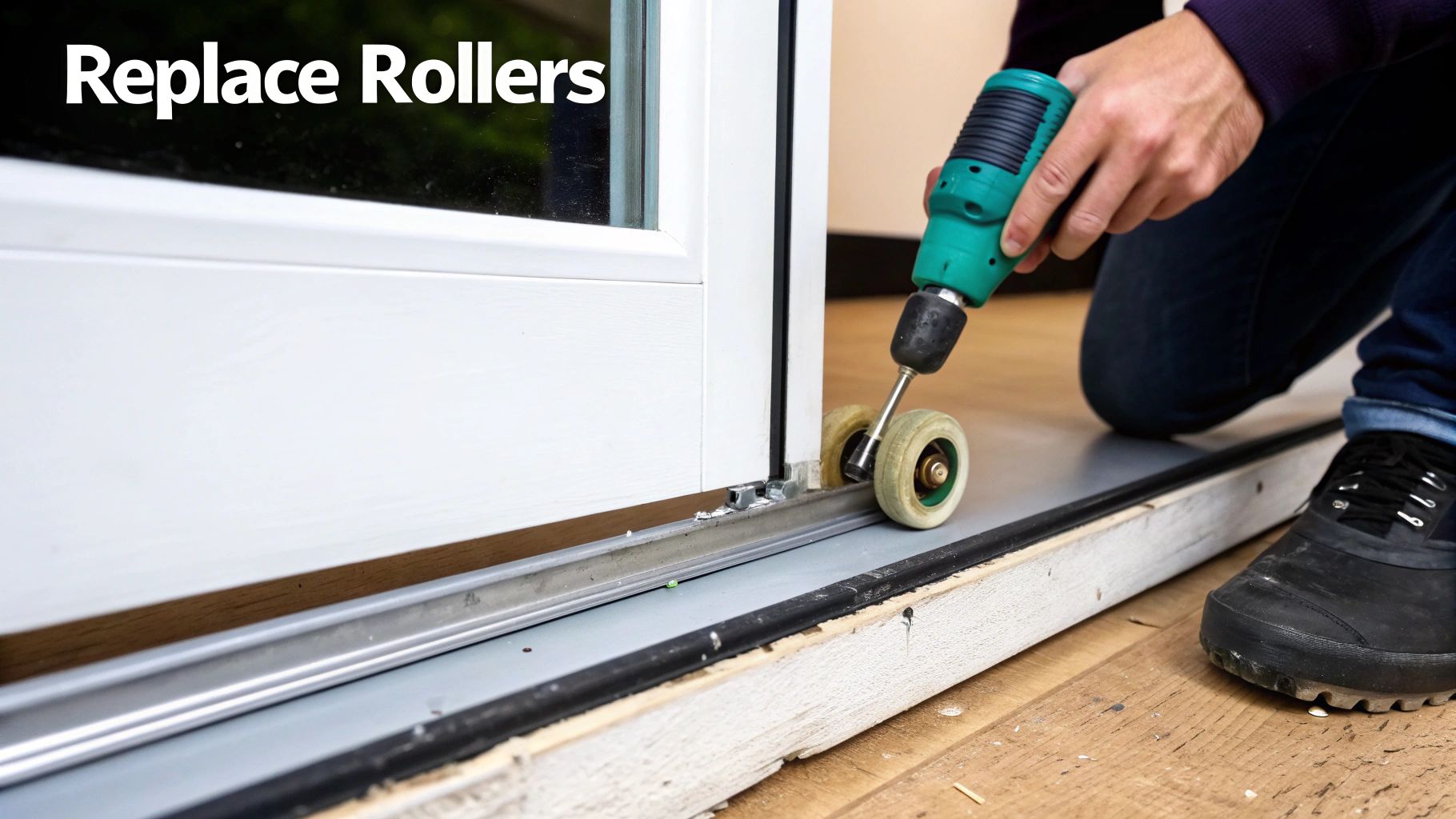 Close-up of a person replacing rollers on a white sliding patio door with a tool.