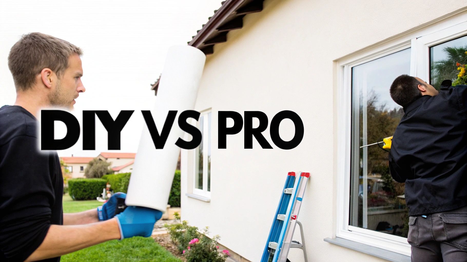 A person's hands installing a new window screen, showing the choice between DIY and professional work.
