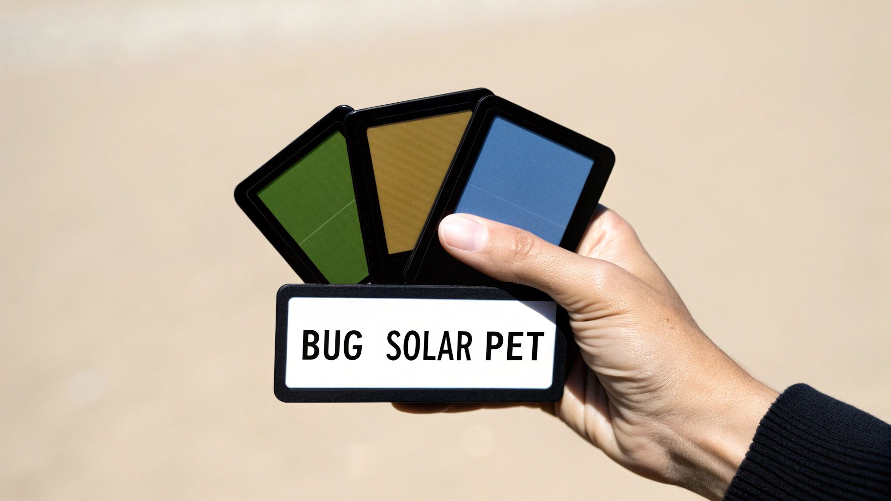 A hand displays three small colorful solar panels in green, gold, and blue, with a white sign reading 'BUG SOLAR PET'.