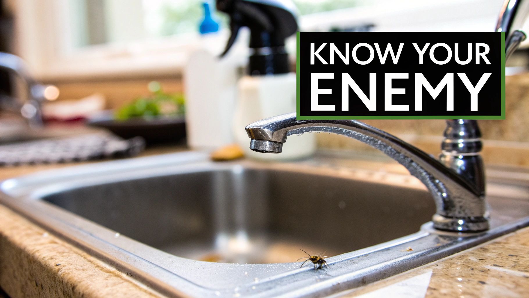 A small insect, possibly a no-see-um, on the edge of a clean kitchen sink with a faucet. Text: KNOW YOUR ENEMY.
