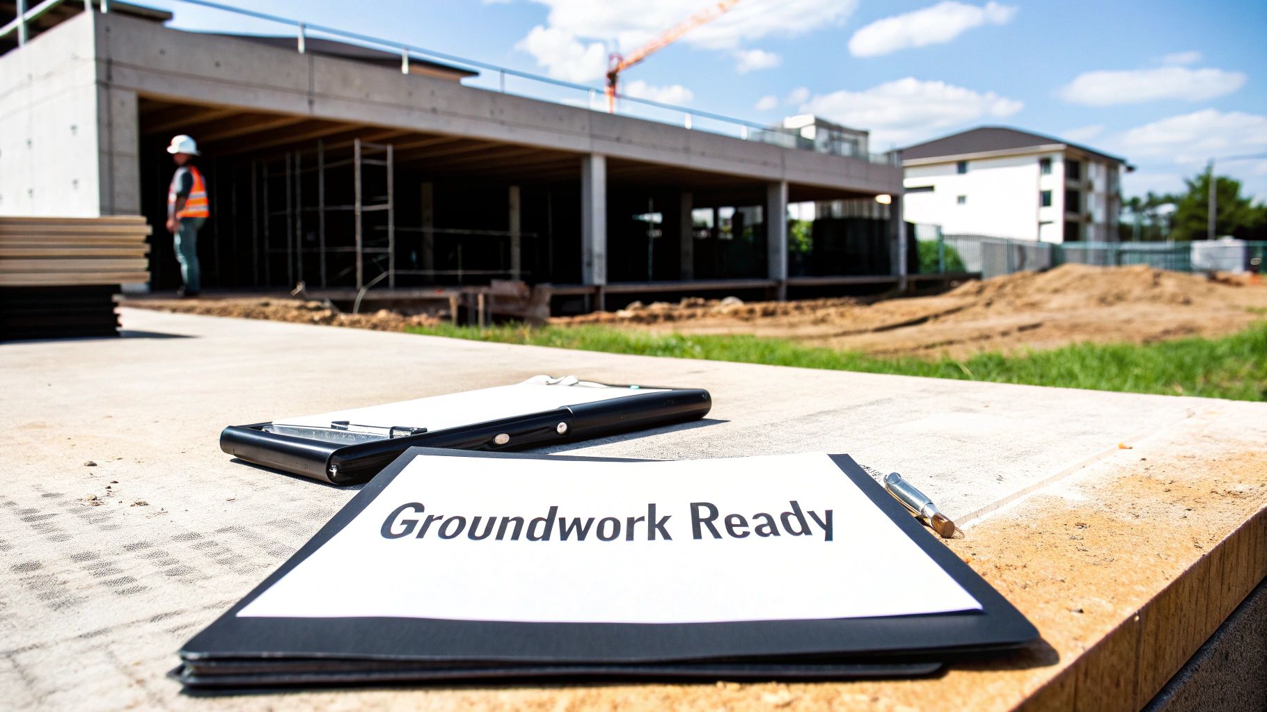 A clipboard and 'Groundwork Ready' sign on a concrete surface at an active construction site.