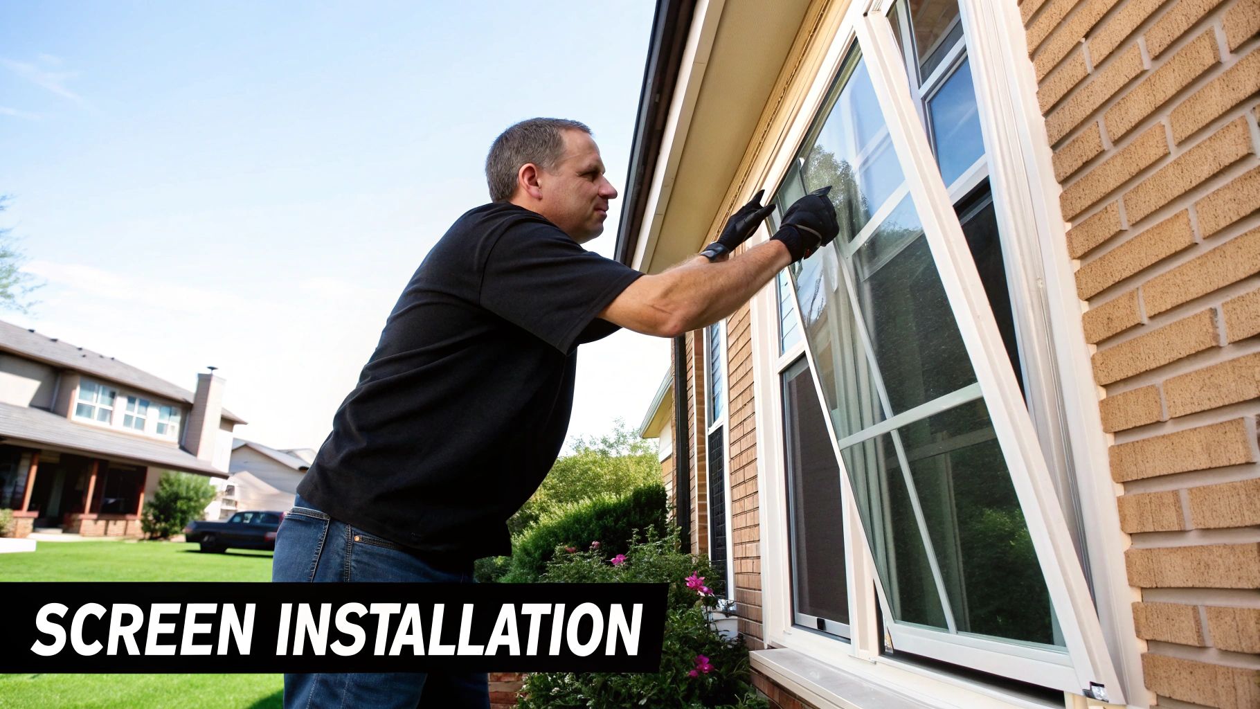 A person examining a window screen, highlighting the details of window screen sizing.