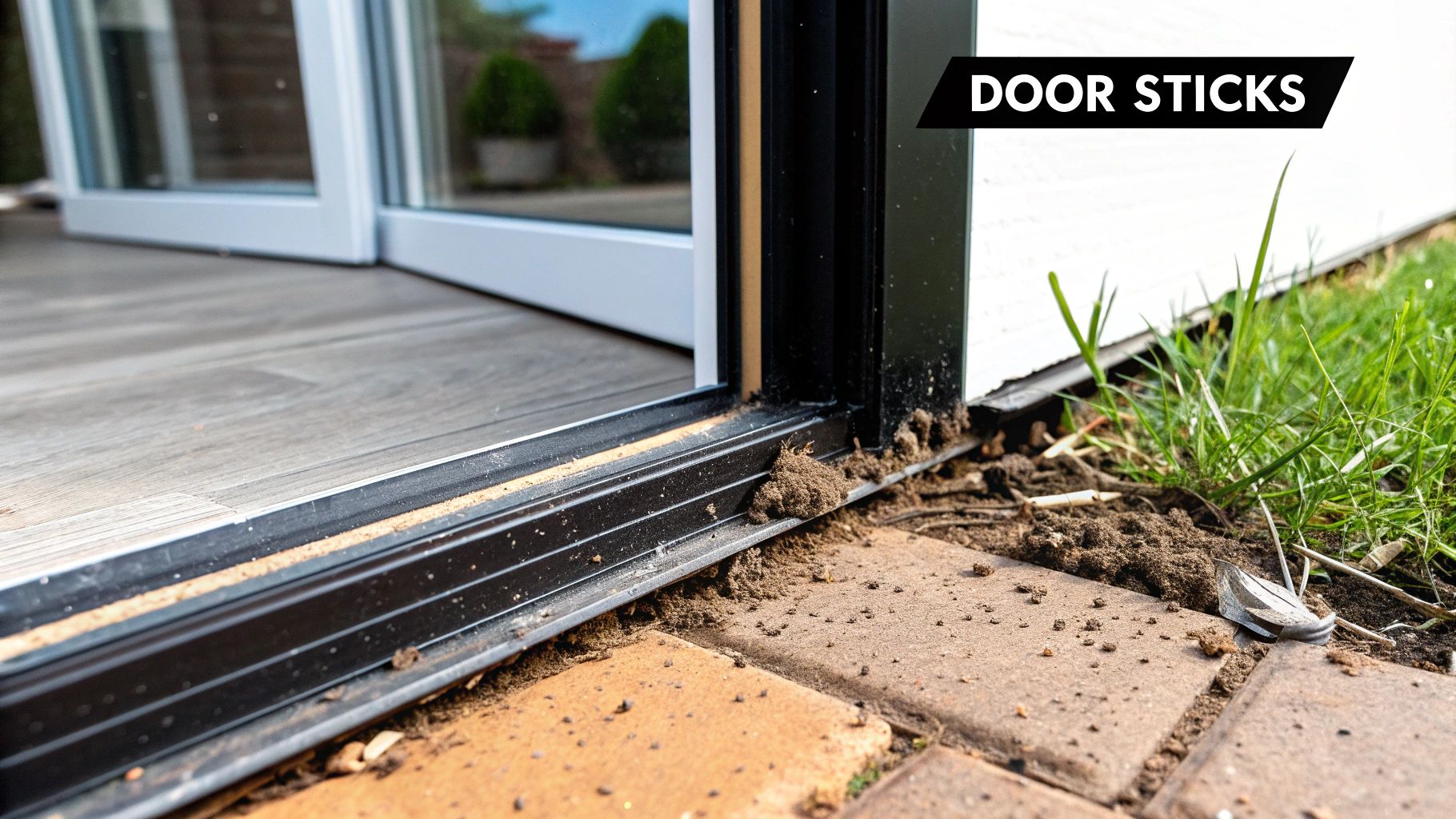 A close-up view of a sliding screen door track with dirt and debris.
