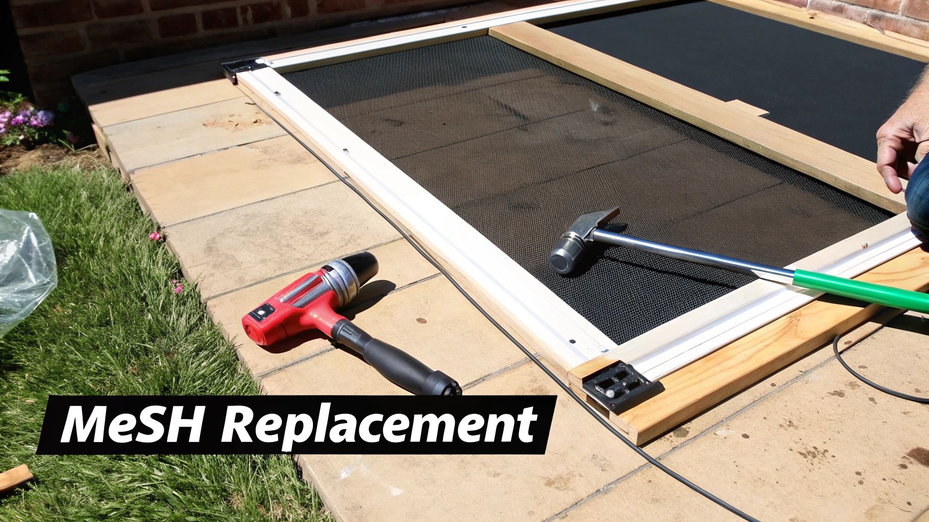 A person using a spline roller to install new mesh on a patio screen door.