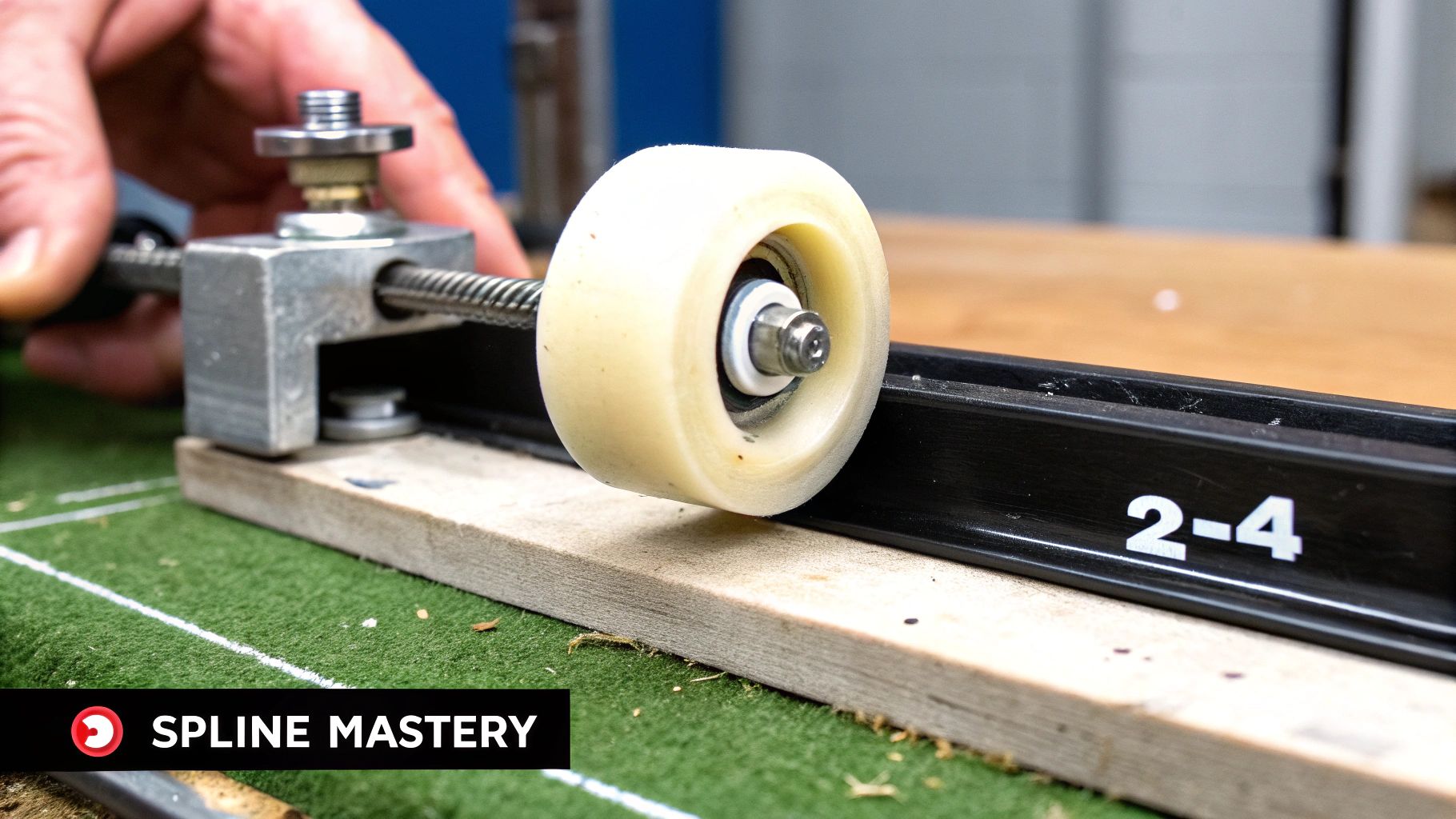 A close-up of a spline roller tool pressing black spline into the channel of a window screen frame with new mesh.