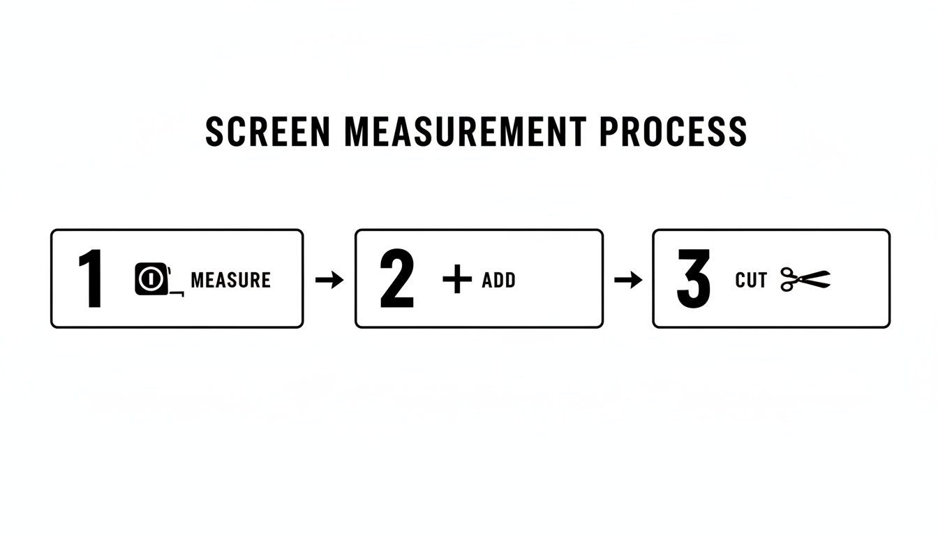 A three-step diagram illustrates the screen measurement process: Measure, Add, and Cut.