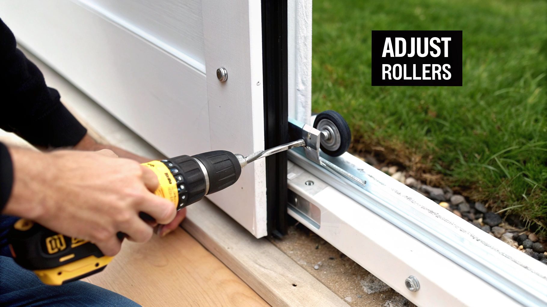Hands using a power drill to adjust the bottom rollers of a white sliding screen door.