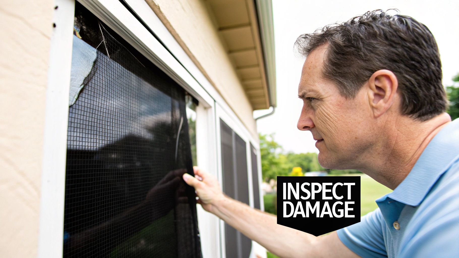 A close-up view of a damaged screen on a lanai enclosure, showing a tear in the mesh.