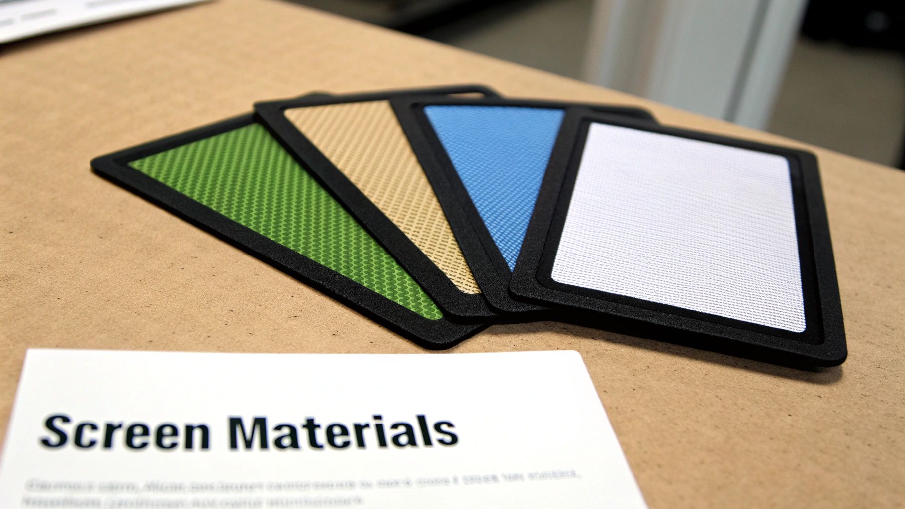 Four framed screen material samples in green, tan, blue, and white on a brown table.