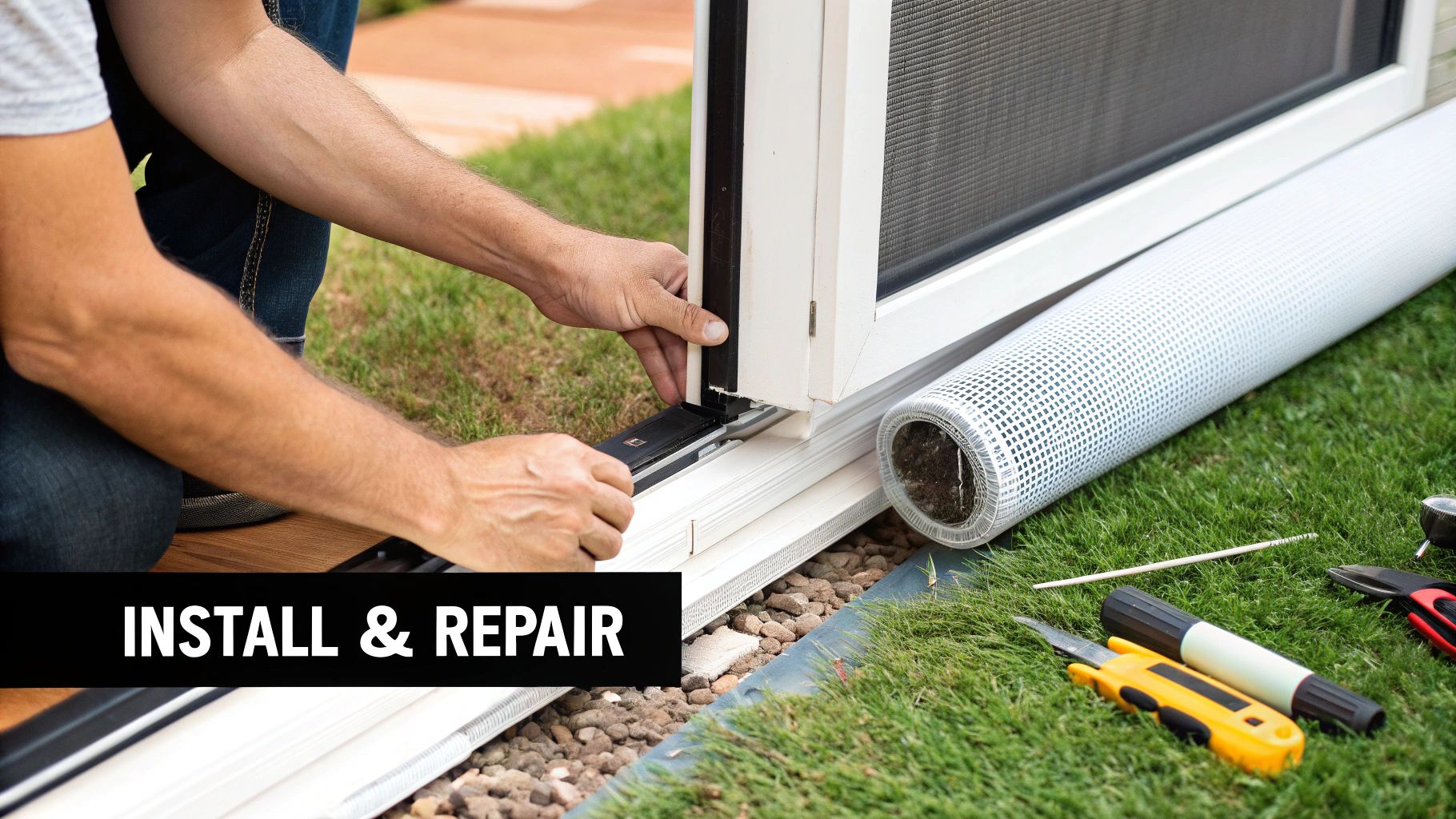 Person installing a new screen on a white window frame outdoors, with tools and a roll of screen material on the grass.