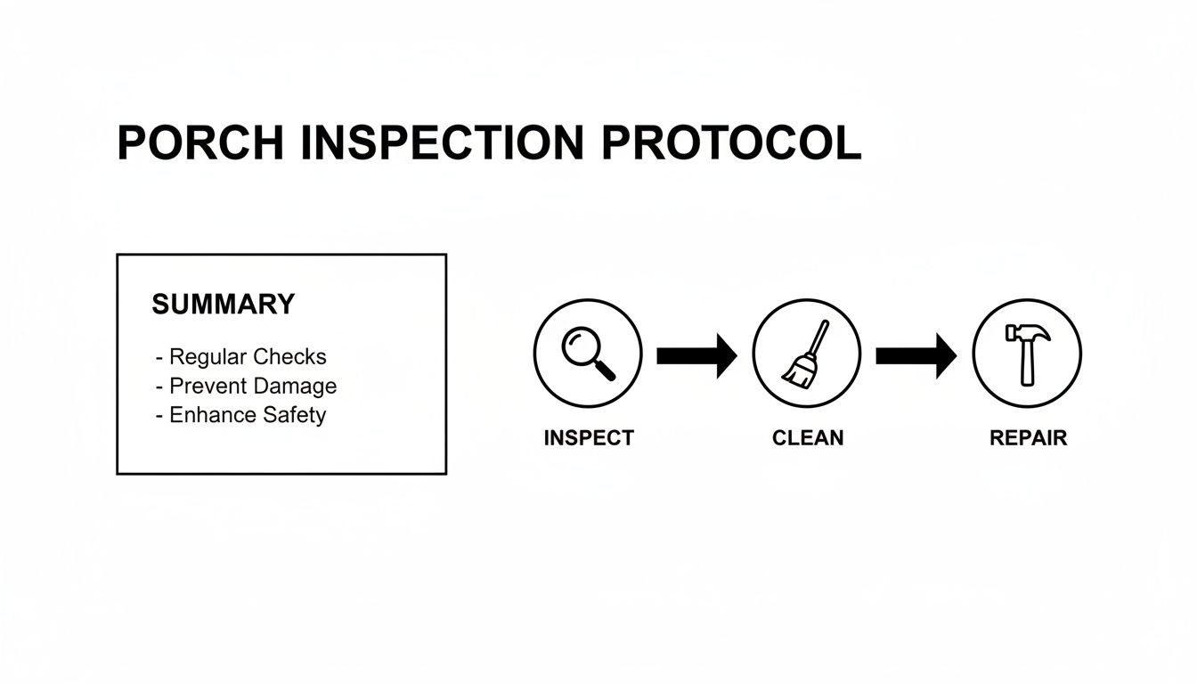 A diagram illustrating a porch inspection protocol, including a summary and a three-step process: inspect, clean, and repair.