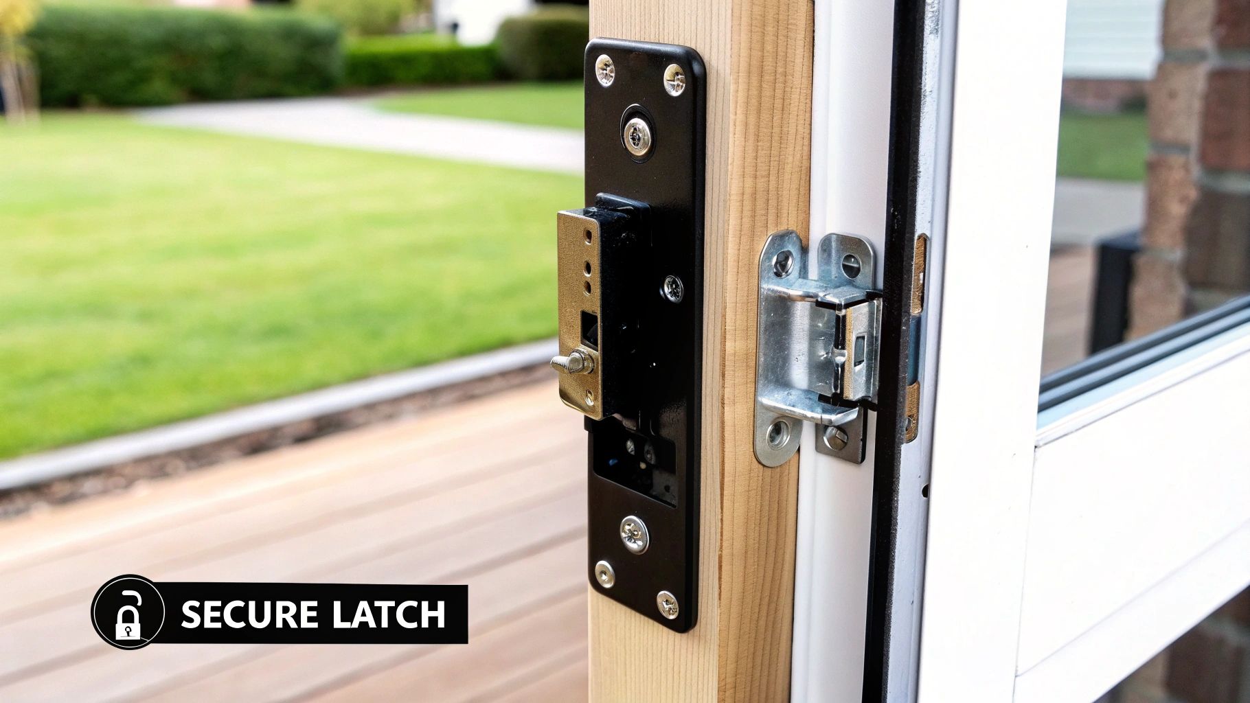 A person adjusting the latch on a sliding screen door.