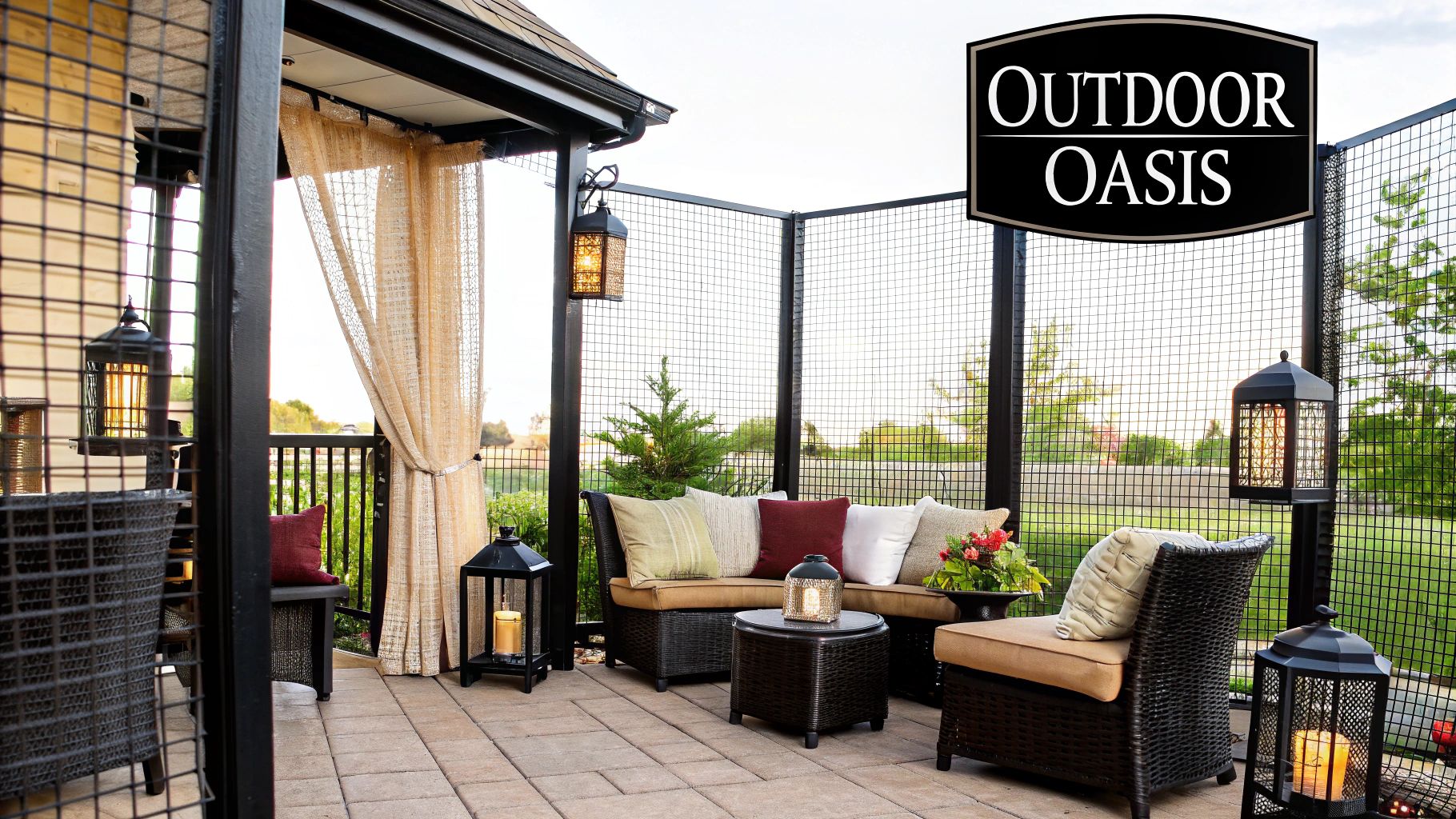 A modern patio with comfortable seating, enclosed by sleek, black-framed screens that overlook a lush green yard.