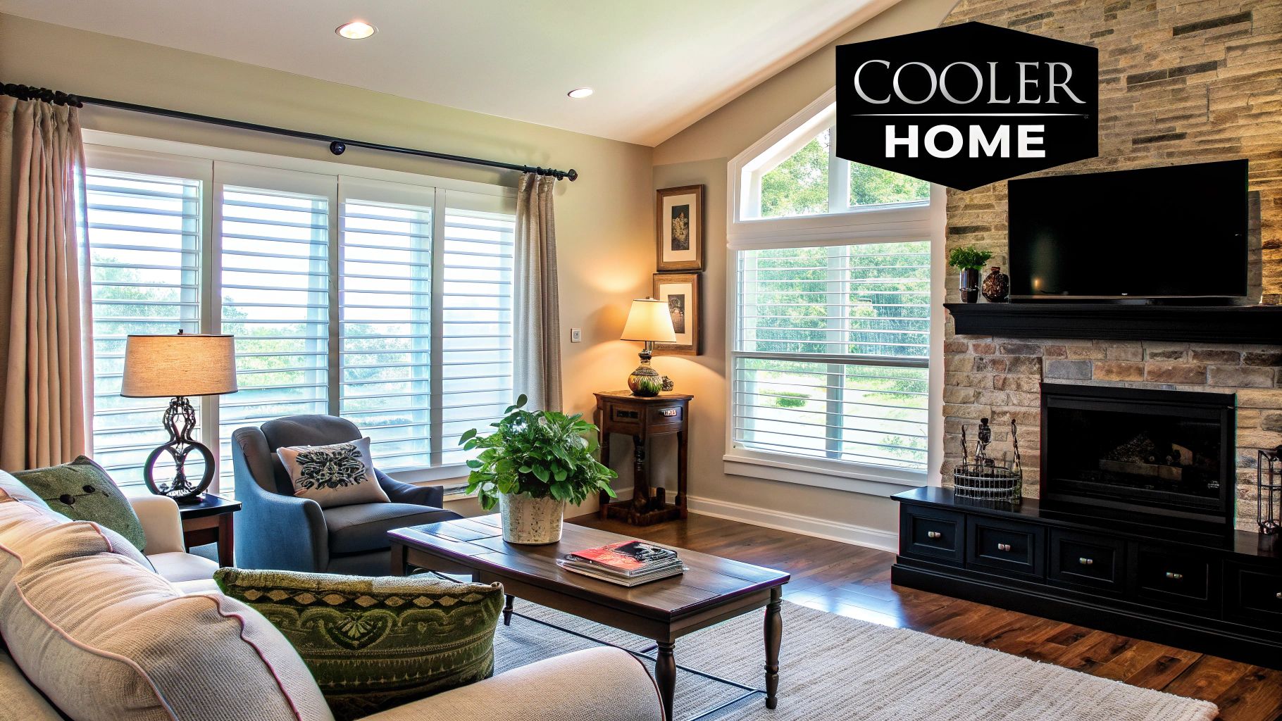Sun blocking screens installed on the exterior of a modern home, showing a clear view from the inside out.