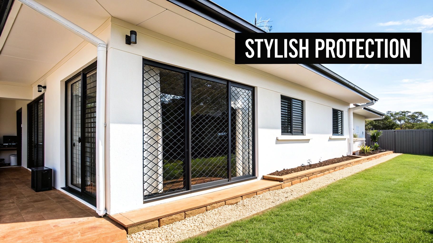 Modern house exterior featuring white walls, black security screens on windows and sliding doors, with a green lawn and patio.