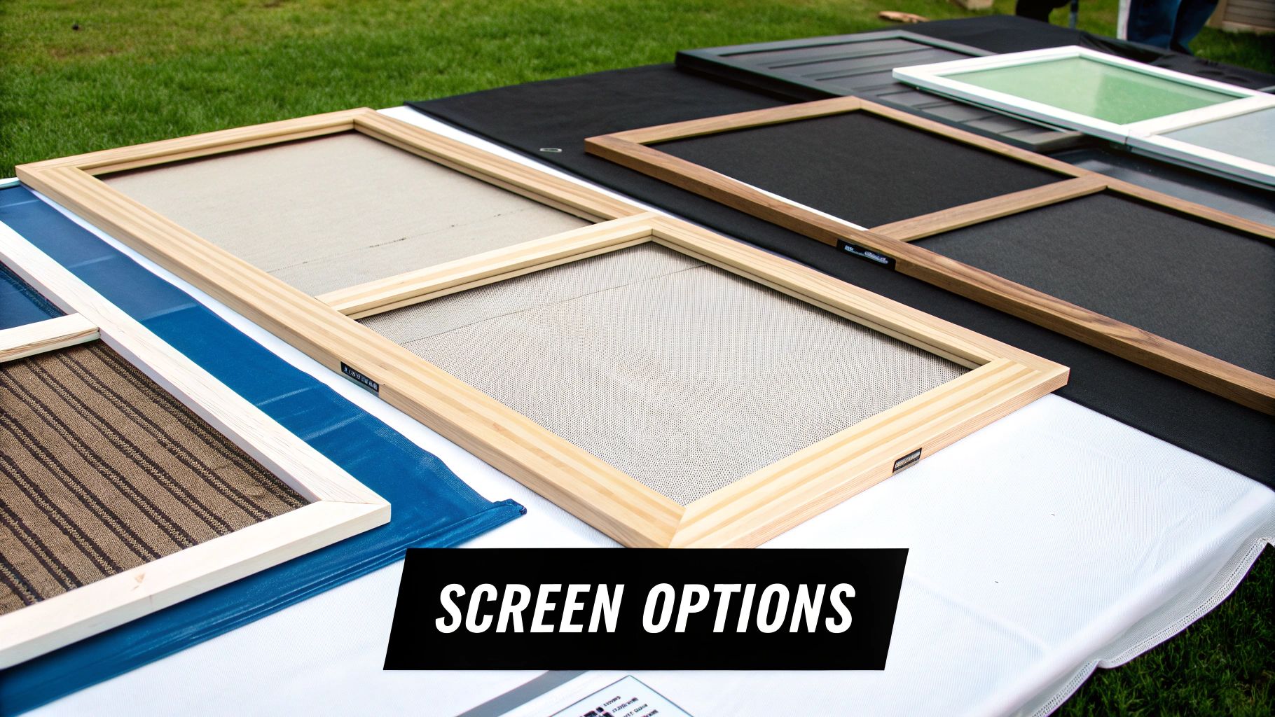 A close-up of a sun blocking screen for windows showing the tight mesh weave and the view through it.