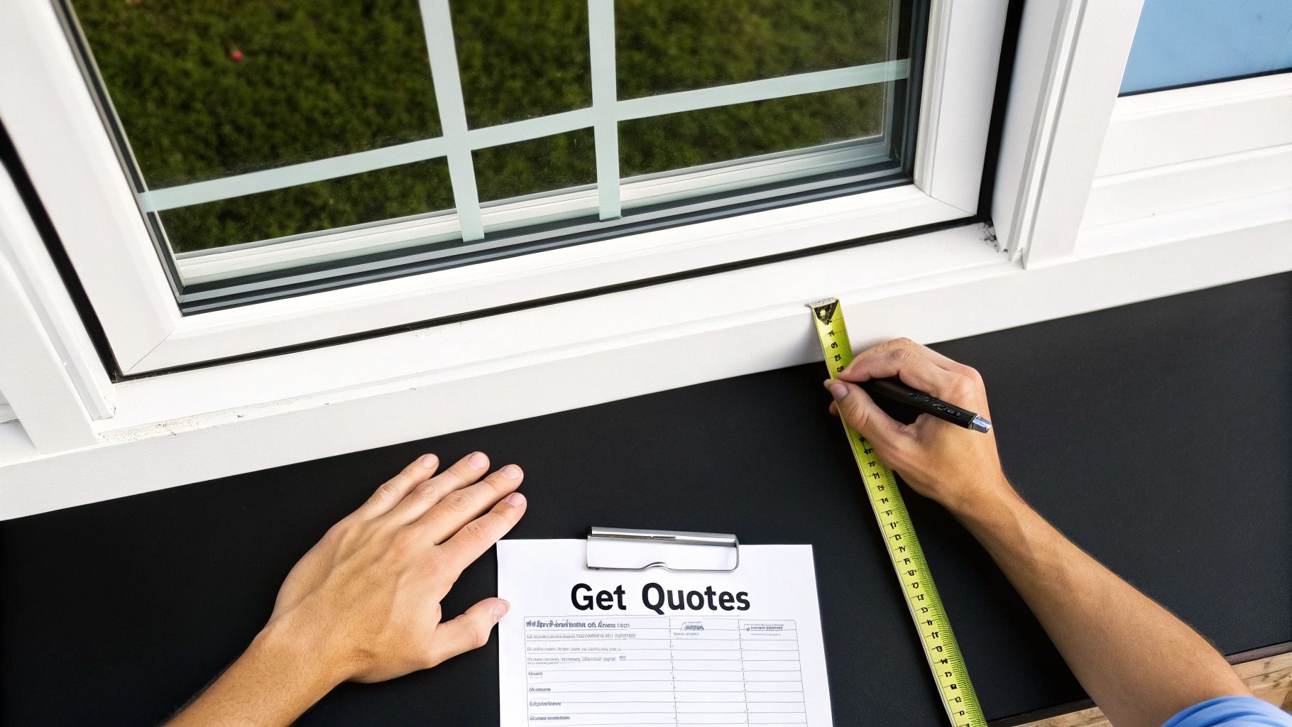A person using a tape measure to get the dimensions of a window for an accurate rescreening quote.