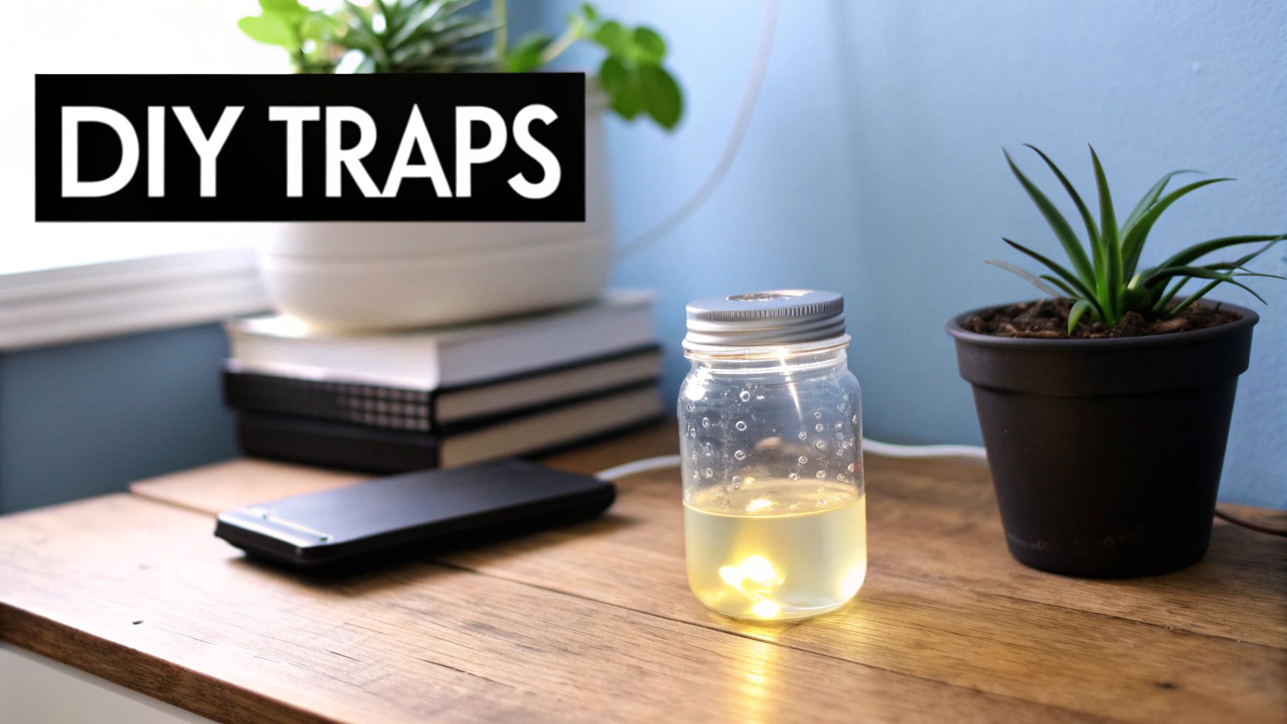 A DIY bug trap with glowing liquid in a jar sits on a wooden nightstand, surrounded by plants and books.