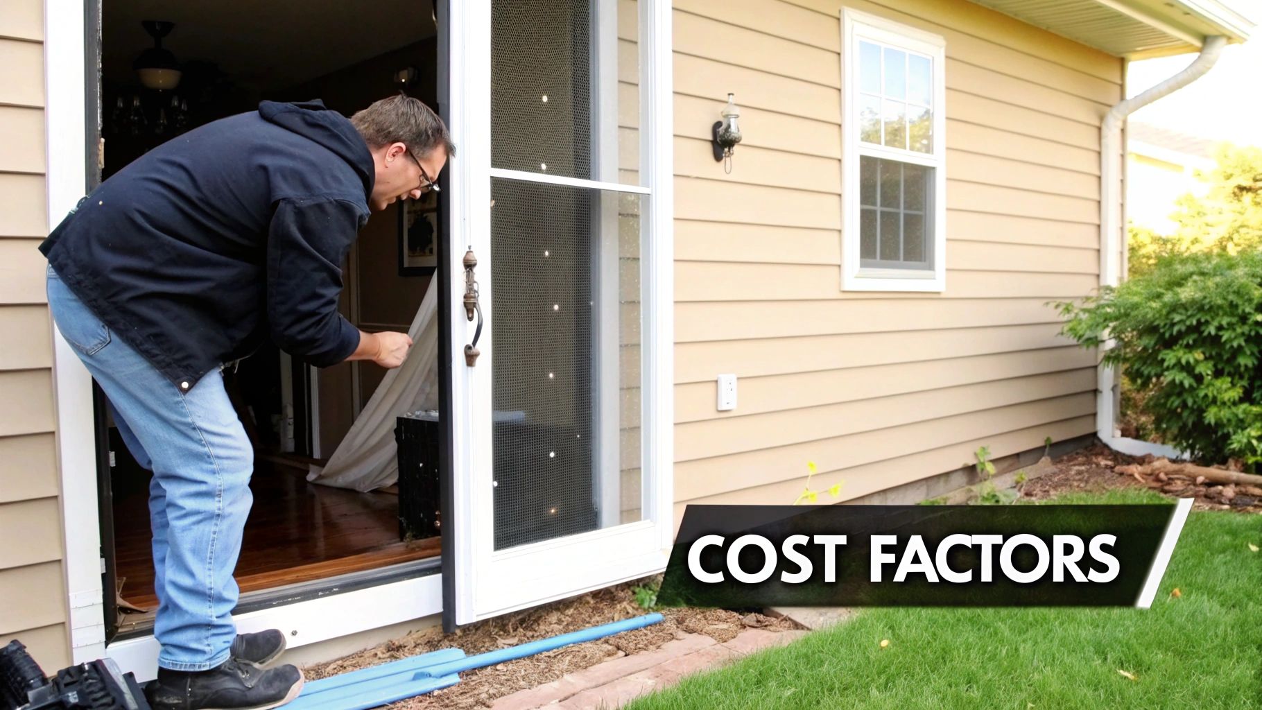 A close-up of a screen door frame being repaired.