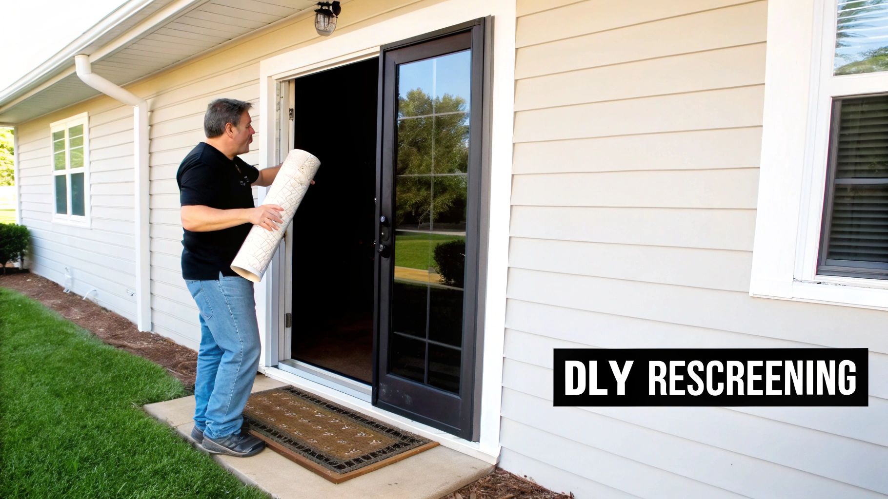 A man holding a roll of screening material standing by a sliding glass door for DIY rescreening.