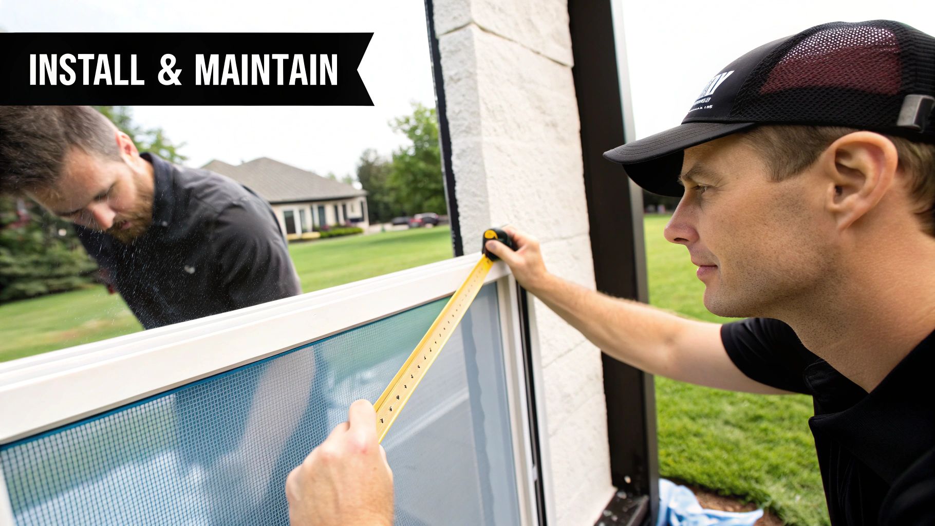 Two men installing a sun blocker window screen, one measuring the frame with a tape measure.