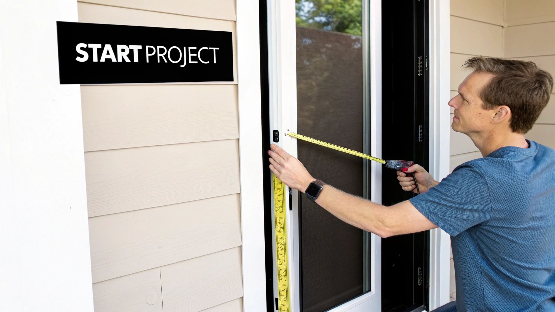 A man carefully measures a door frame with a yellow tape measure, preparing for a home improvement project. A "START PROJECT" sign is visible.