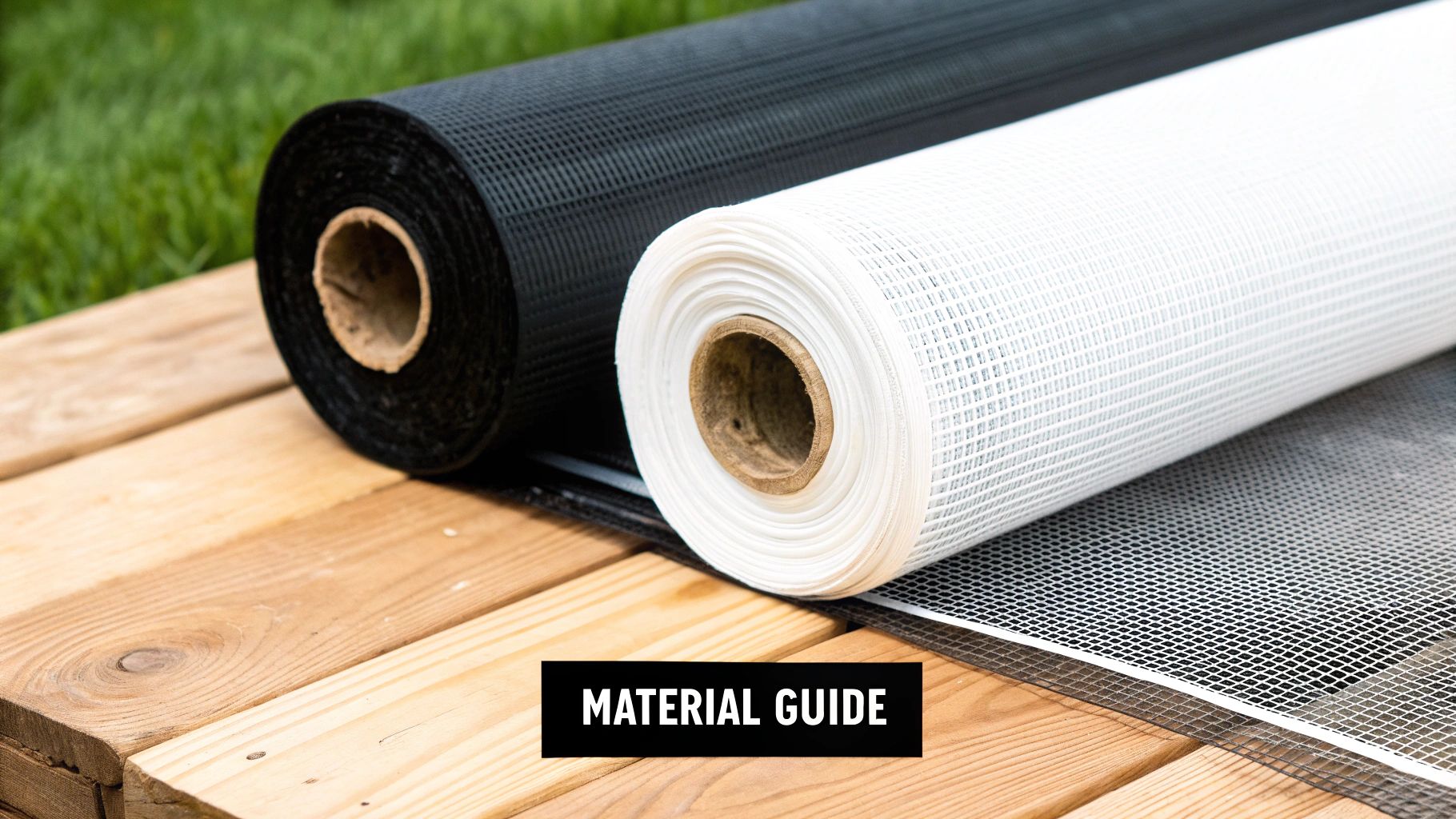 A close-up shot showing different types of window screen mesh samples, like fiberglass and aluminum, fanned out for comparison.