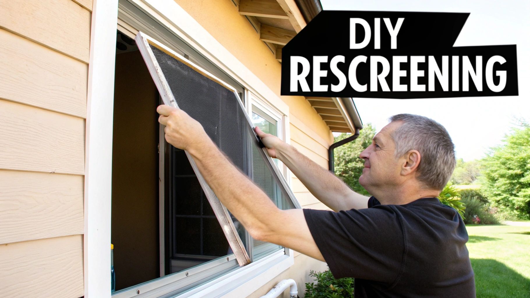 A man demonstrates DIY rescreening by installing a new window screen on a house.