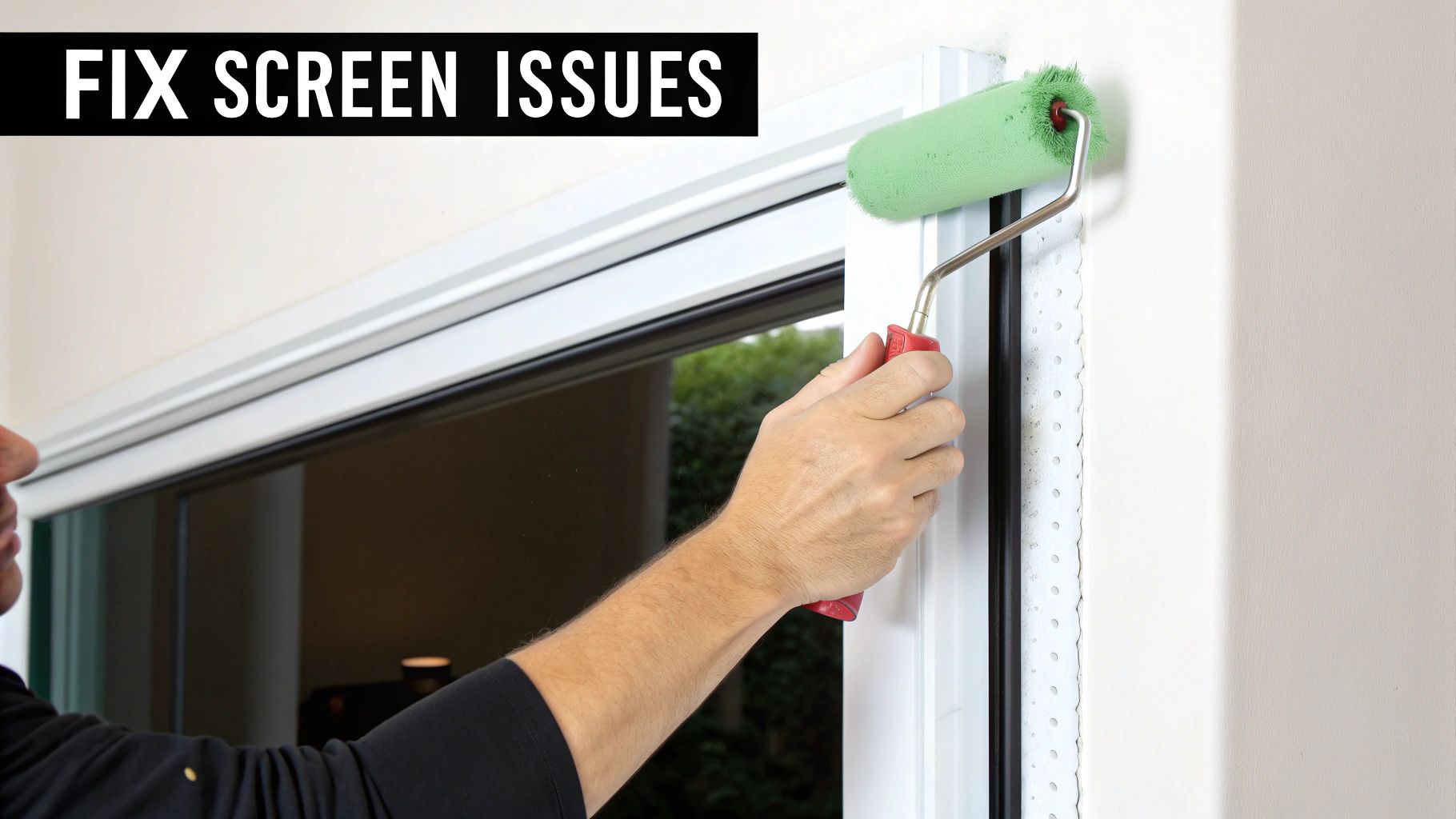 A person using a tool to fix a wrinkle in a newly installed sliding door screen.