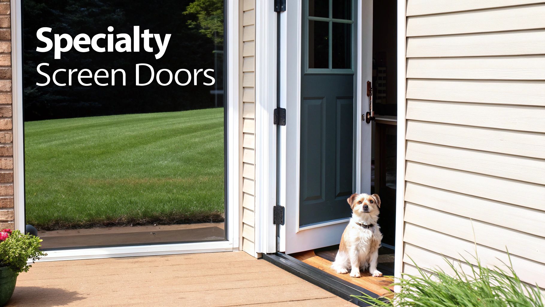 A cute dog sits on a wooden porch by an open door and a specialty screen door, reflecting a lawn.