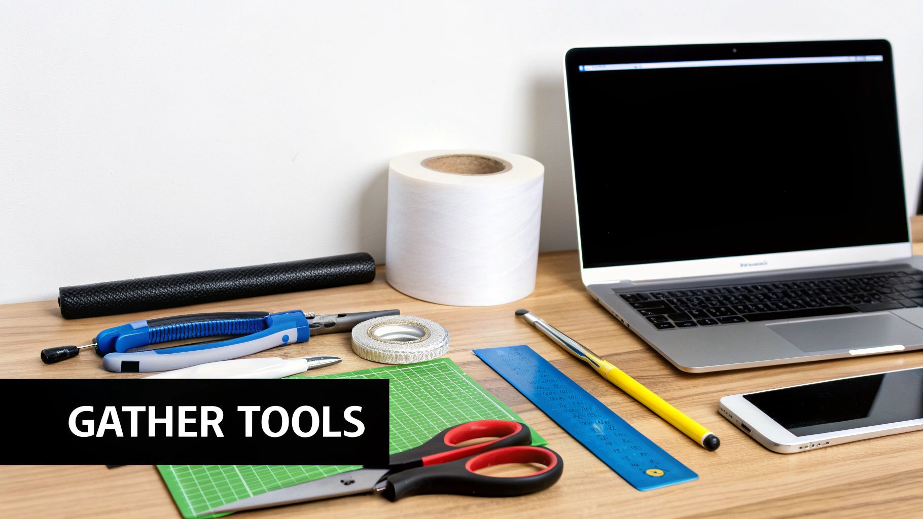 Various crafting tools, electronic devices, and supplies are neatly arranged on a wooden desk.
