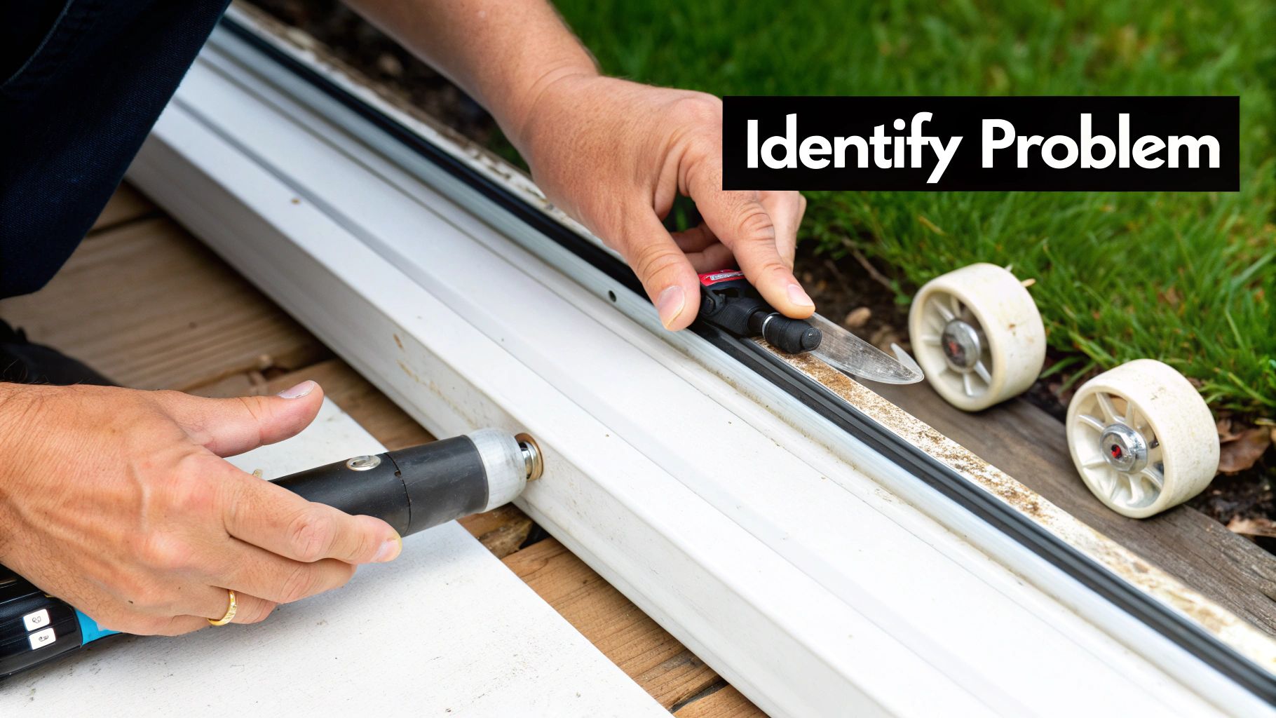 Hands are repairing a patio screen door track, inspecting rollers and removing parts.