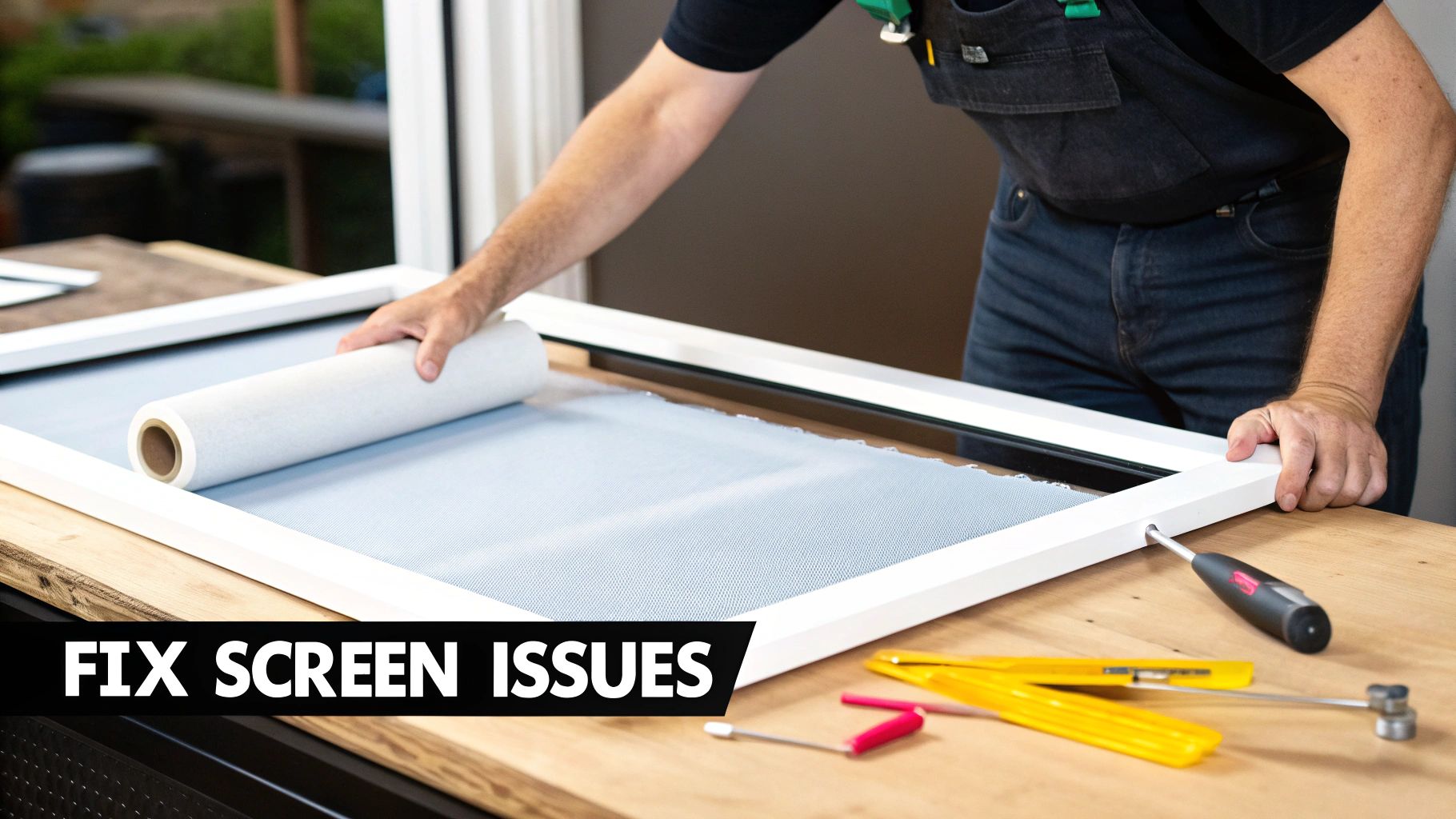 A person replaces a window screen, unrolling mesh onto a white frame on a wooden table with tools.