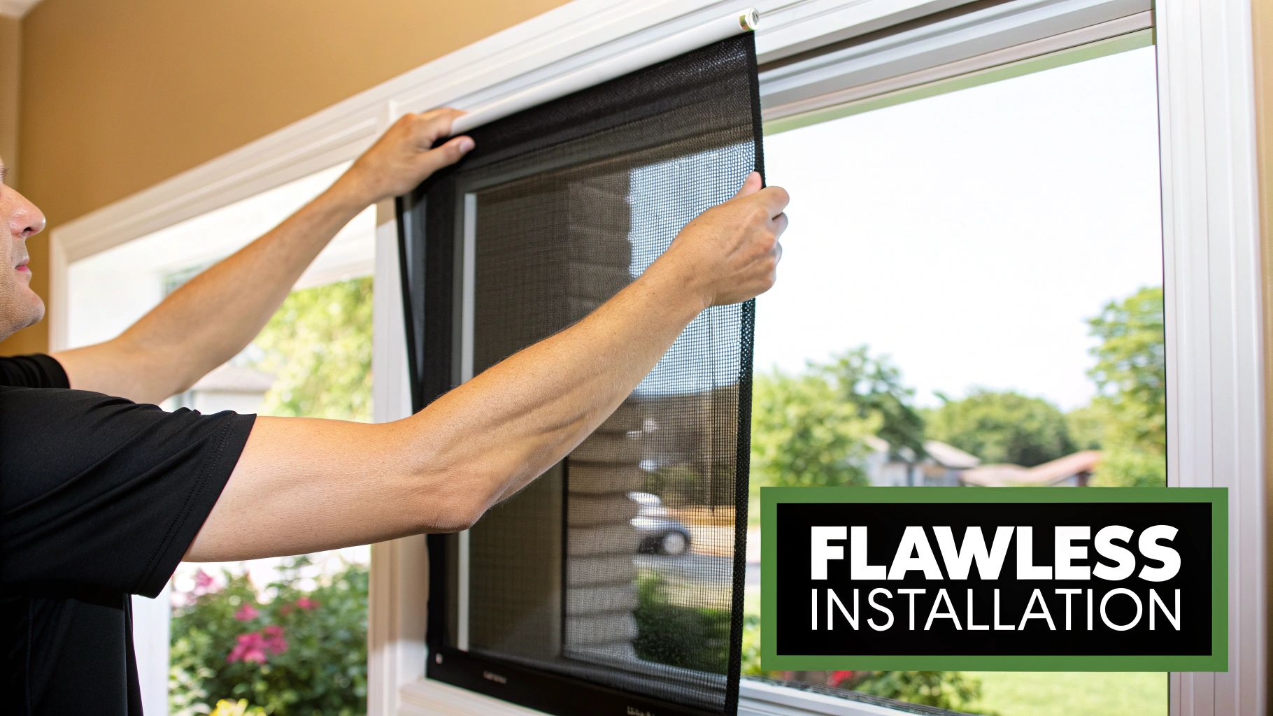 A person's hands are shown installing a black mesh window screen into a white window frame, indicating a flawless installation.