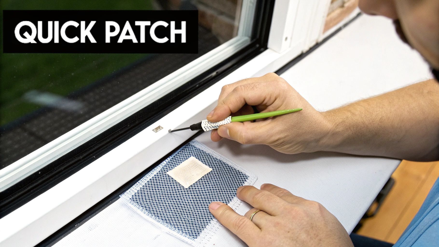 A person uses a precise tool to apply a quick patch onto a white window frame.
