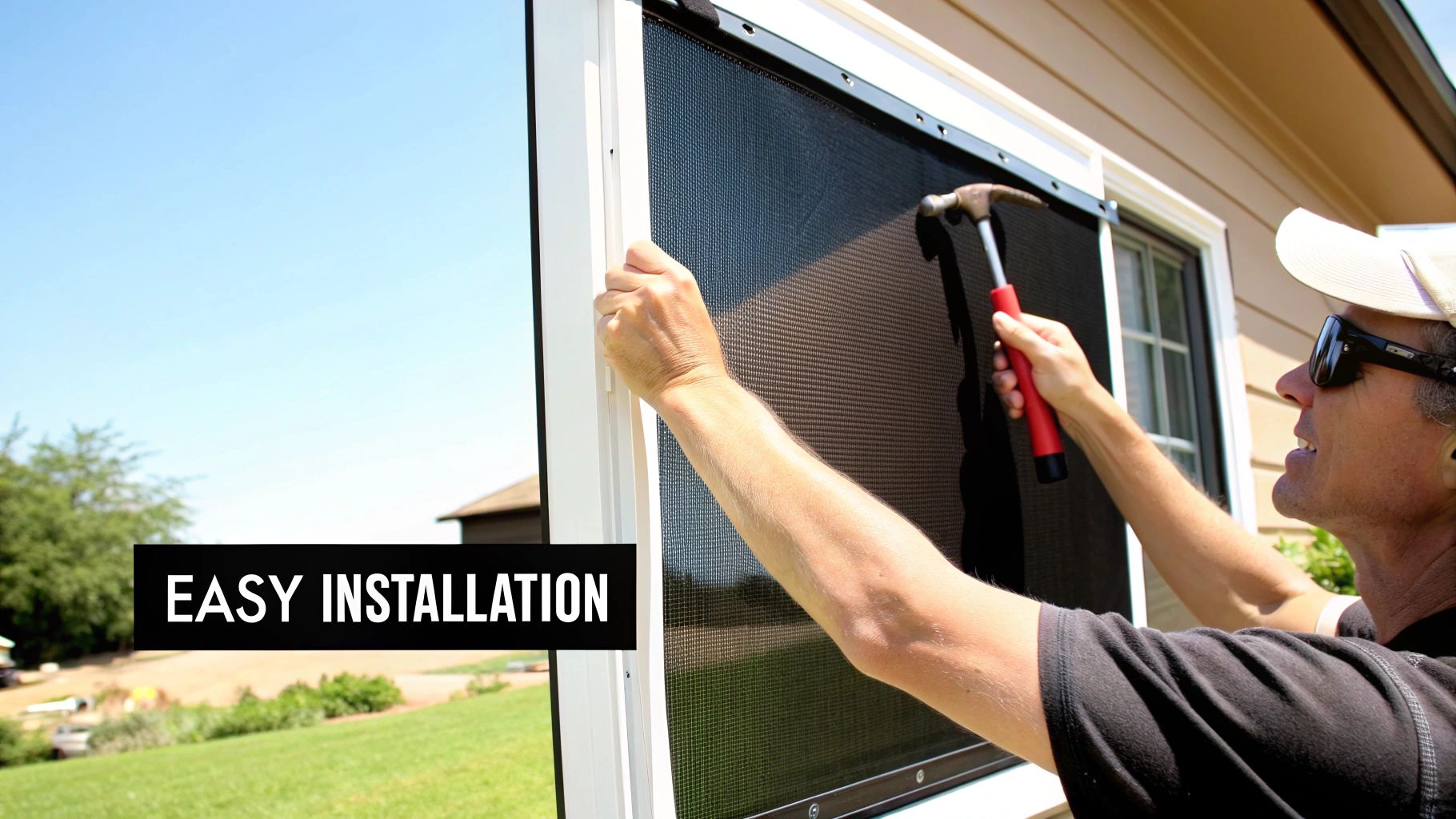 A person carefully installing a new window screen on a sunny day