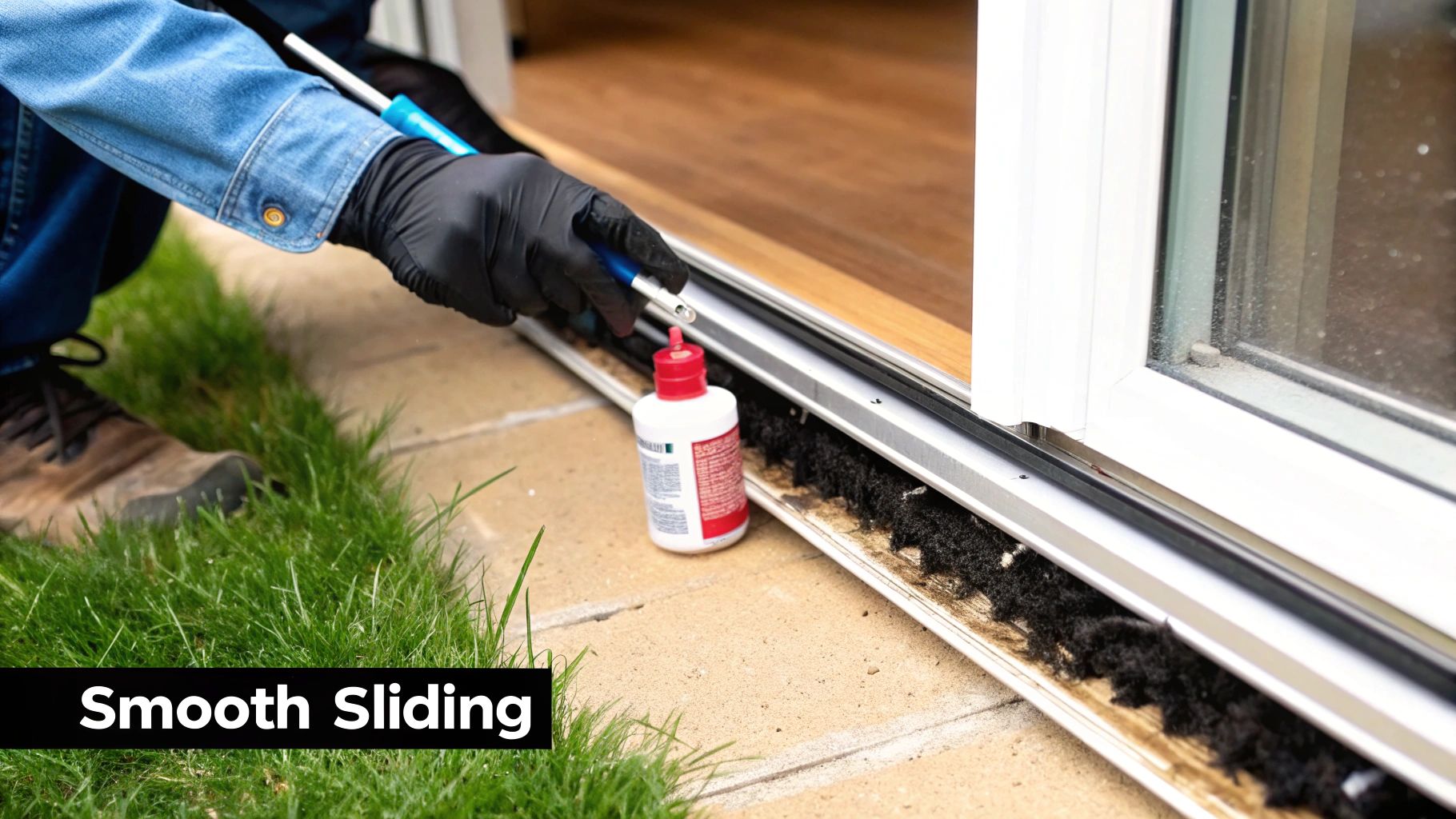 Person in gloves lubricating a dirty sliding patio door track with a bottle for smooth operation.