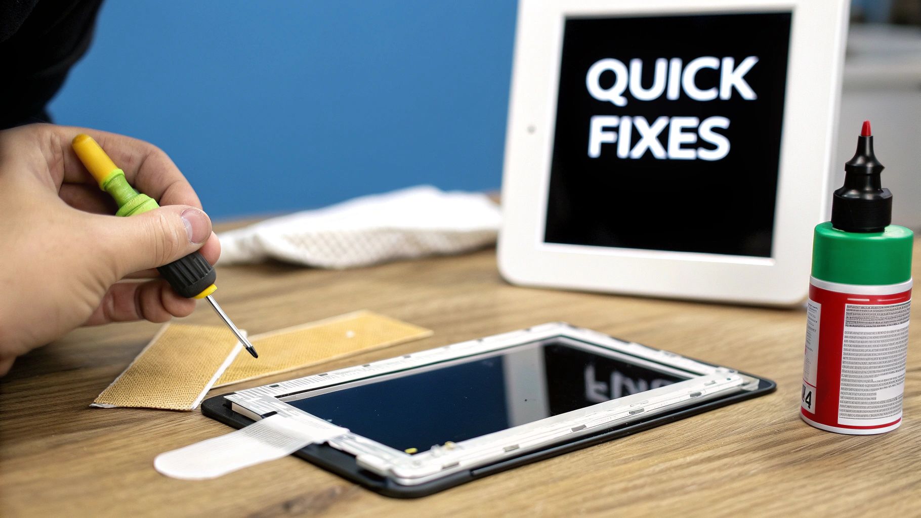 A hand uses a screwdriver to repair a disassembled tablet on a wooden table, with 'QUICK FIXES' screen nearby.