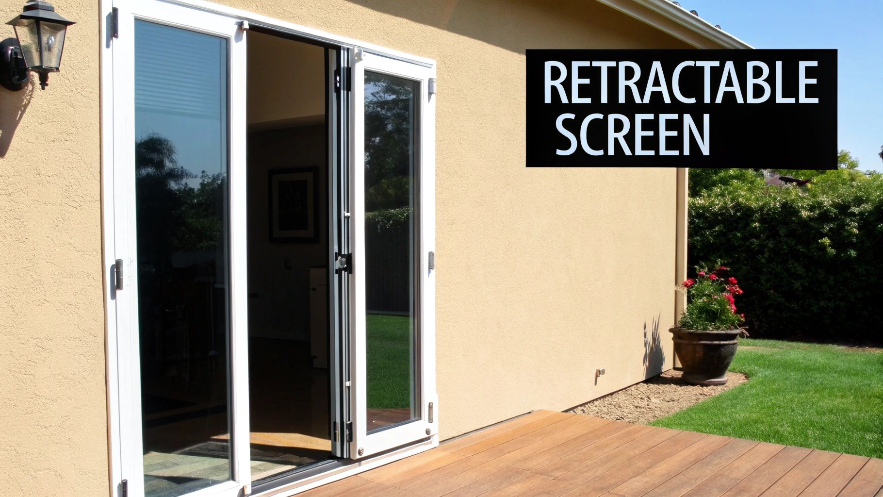 Exterior view of a home with open bi-fold French doors and a retractable screen.