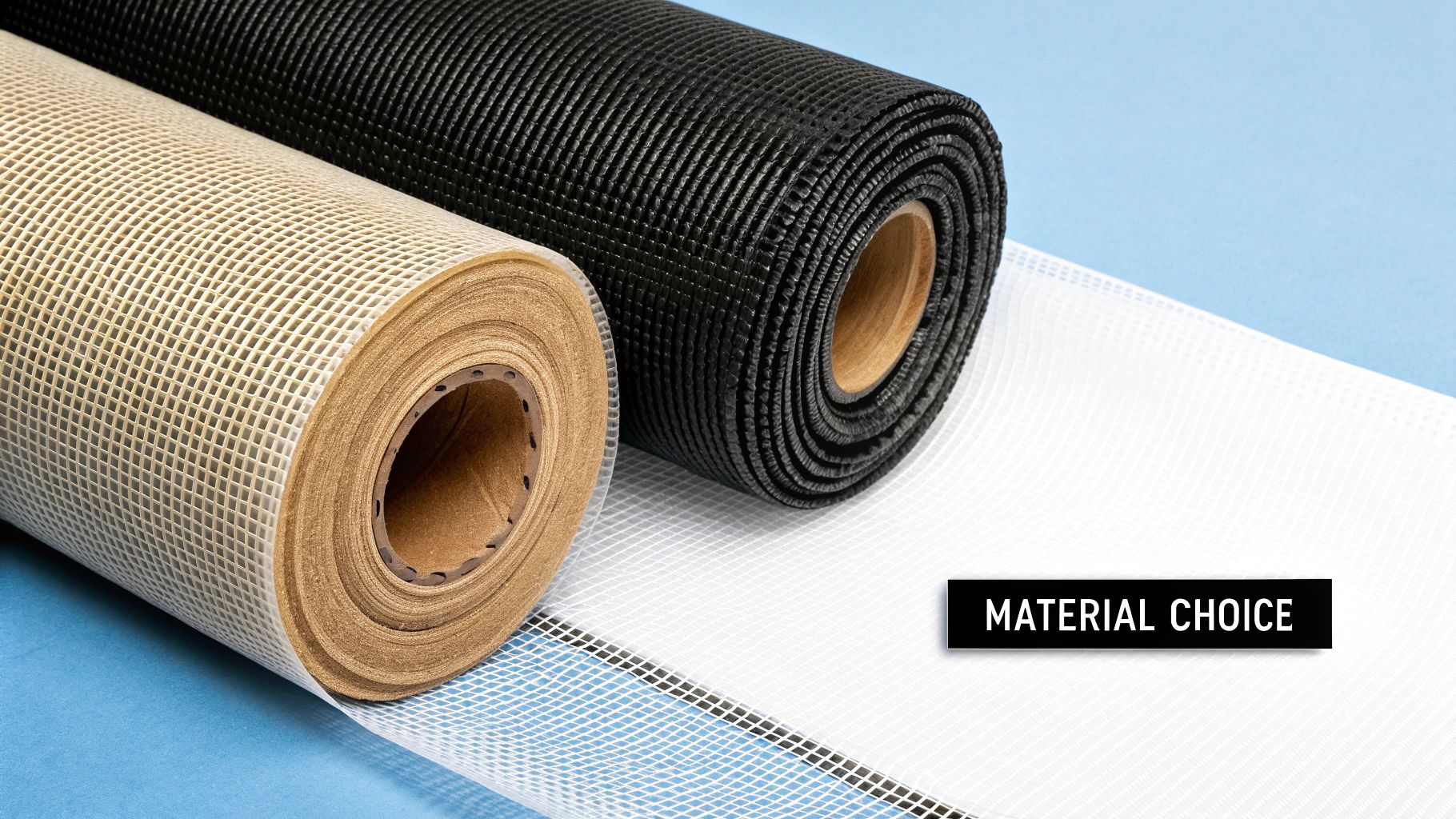 A detailed close-up shot of a dark solar screen mesh, highlighting the weave pattern and material texture.