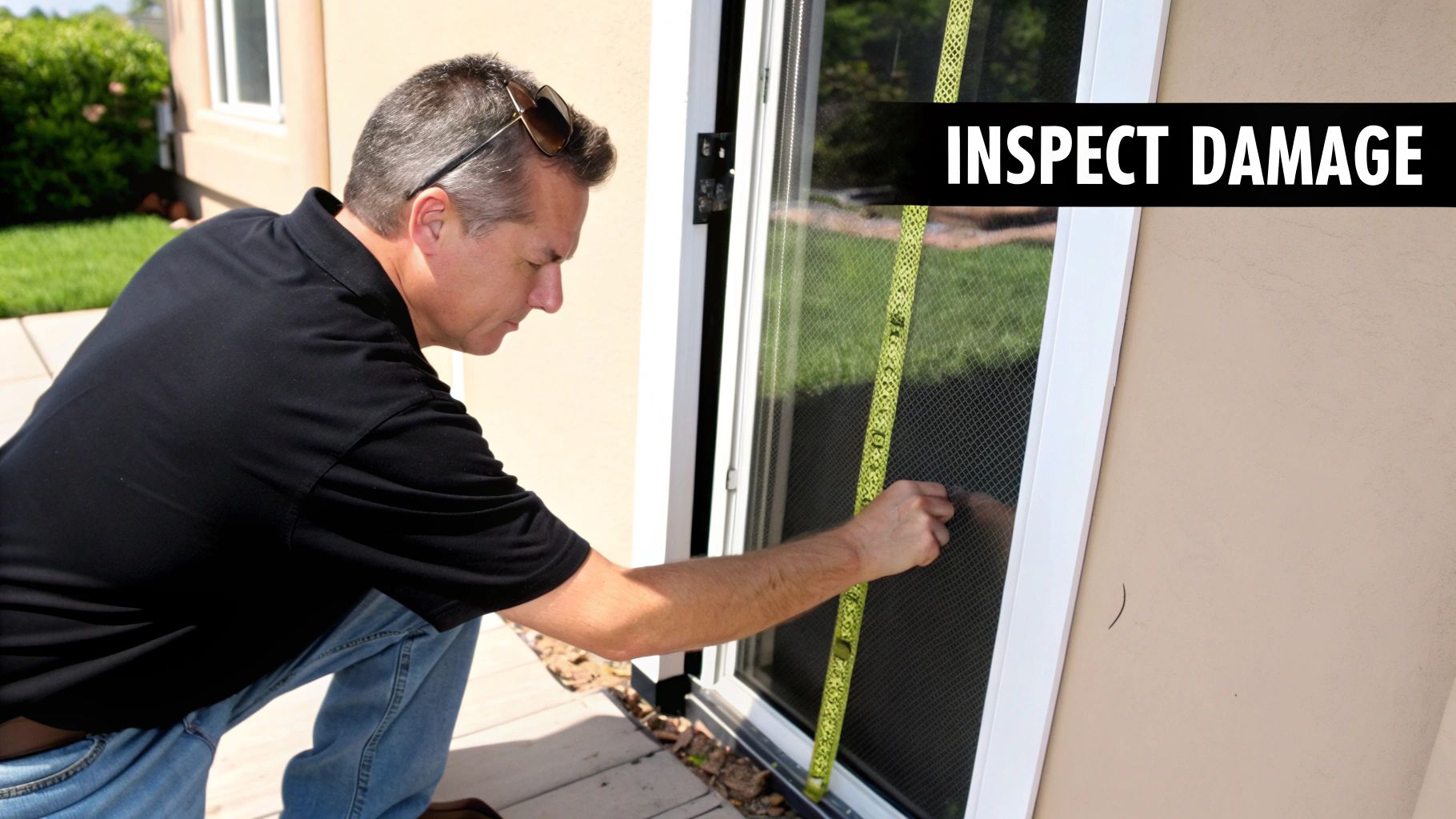 A man measures a patio screen door with a yellow tape, inspecting for damage.