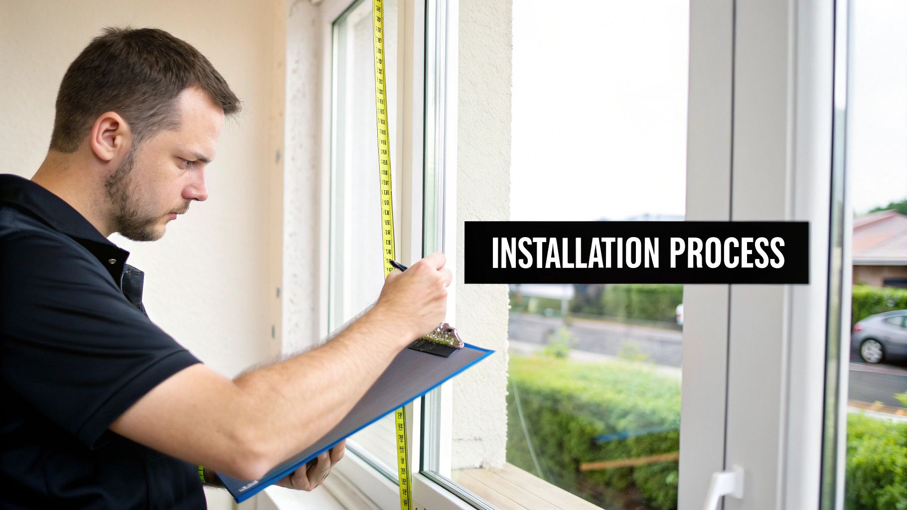 A technician measures a window with a tape measure, taking notes on a clipboard for an installation.